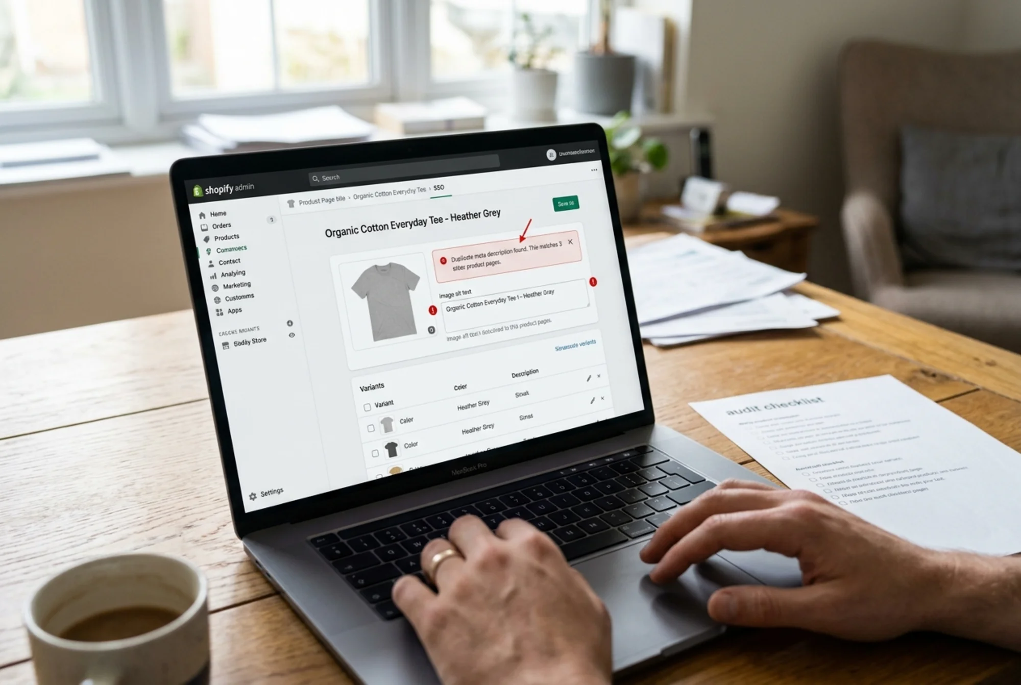 A Shopify product page open in the admin editor showing a duplicate meta description warning and a missing alt text indicator, with several near-identical color variants listed below in the variants panel