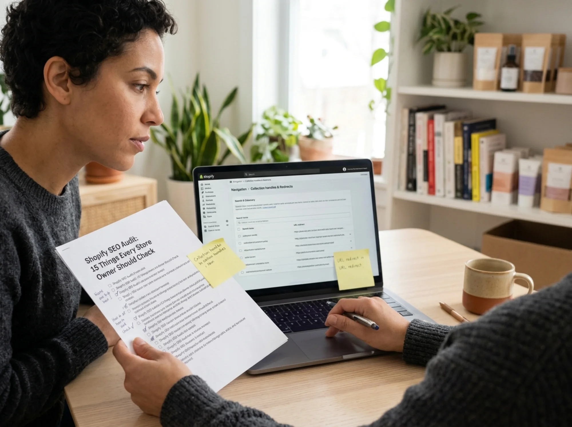 A store owner comparing a printed Shopify SEO checklist against the Shopify admin search-and-discovery panel on a laptop, sticky notes marking collection handles and URL redirect entries