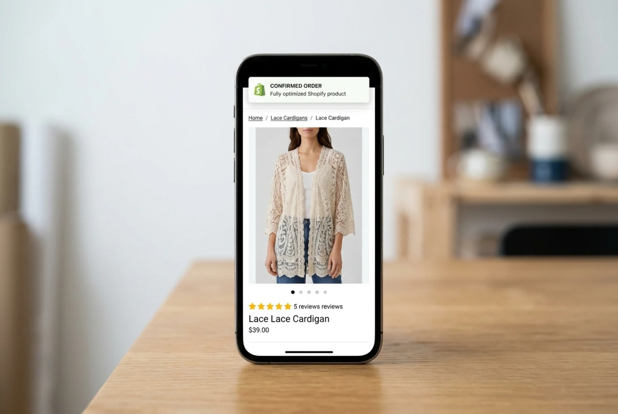 A finished Shopify product page on mobile displaying rich snippet review stars, a breadcrumb trail, a sharp fast-loading hero image, and a confirmed order notification sliding in at the top of the screen