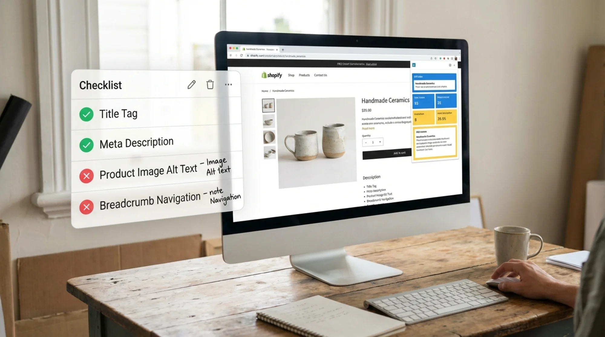 A Shopify store product page on a desktop screen showing highlighted SEO elements: title tag, meta description, product image alt text, and breadcrumb navigation, with a checklist overlay marking items green or red