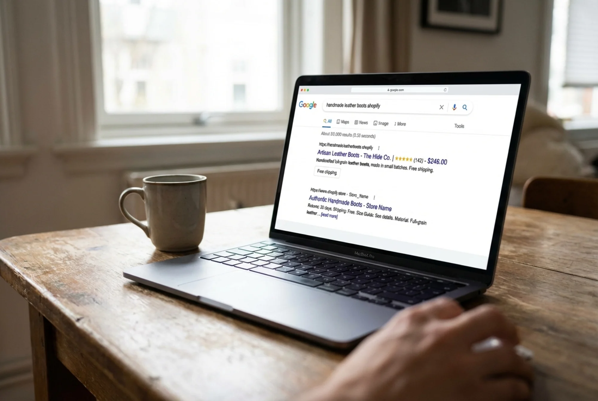 A Google search results page showing a Shopify store listing with a missing meta description replaced by random product page text, alongside a competitor listing with a clean rich snippet showing star ratings and price