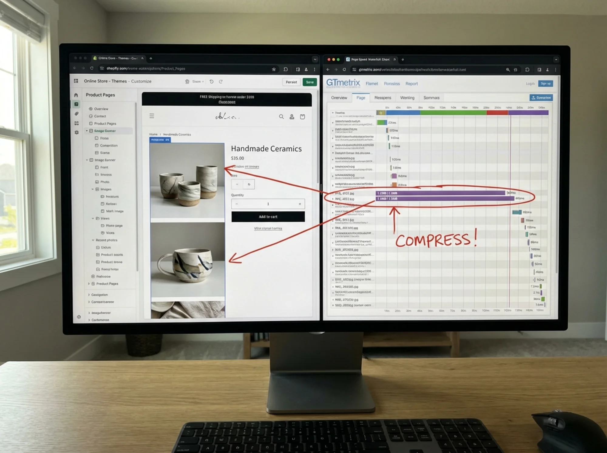 A split-screen view of a Shopify admin theme editor on the left and a page speed waterfall chart on the right, with arrows pointing from uncompressed product images to their load time impact