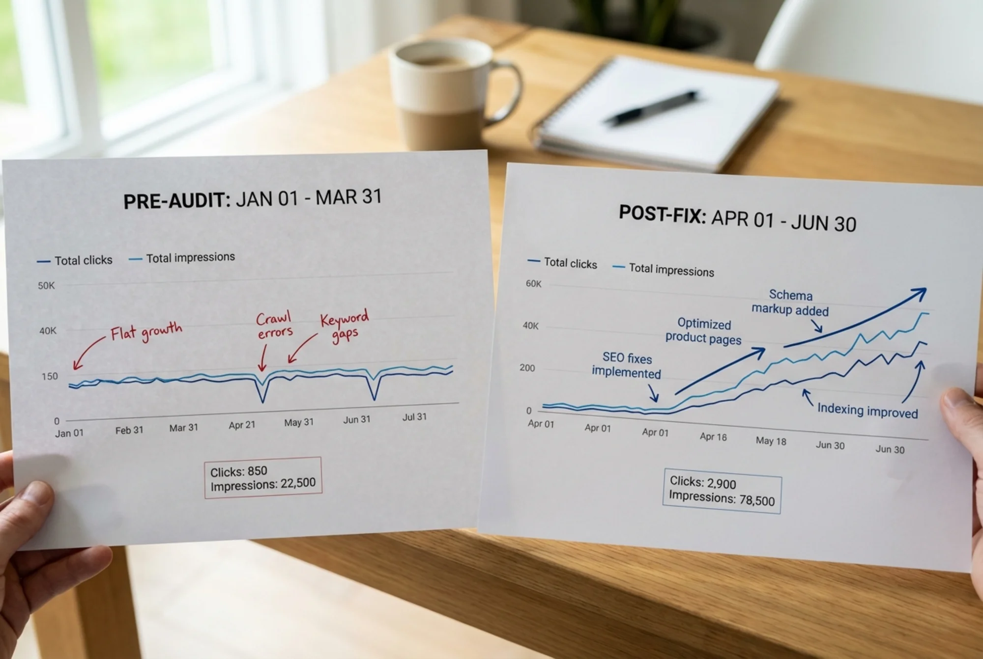 A before-and-after comparison of a Shopify store's Google Search Console performance chart, showing impressions and clicks rising after SEO fixes were applied over a 90-day period