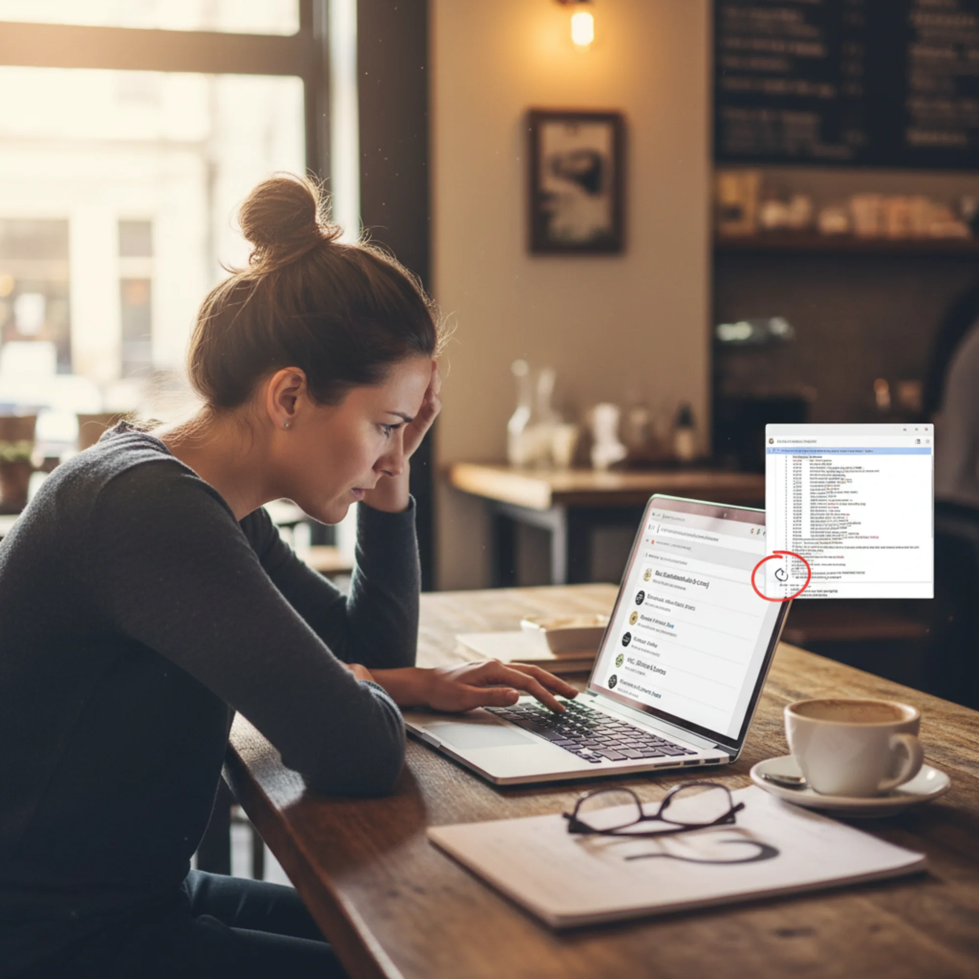 A small business owner squinting at Google search results on a laptop, confused and frustrated that their top service page is completely missing from the listings