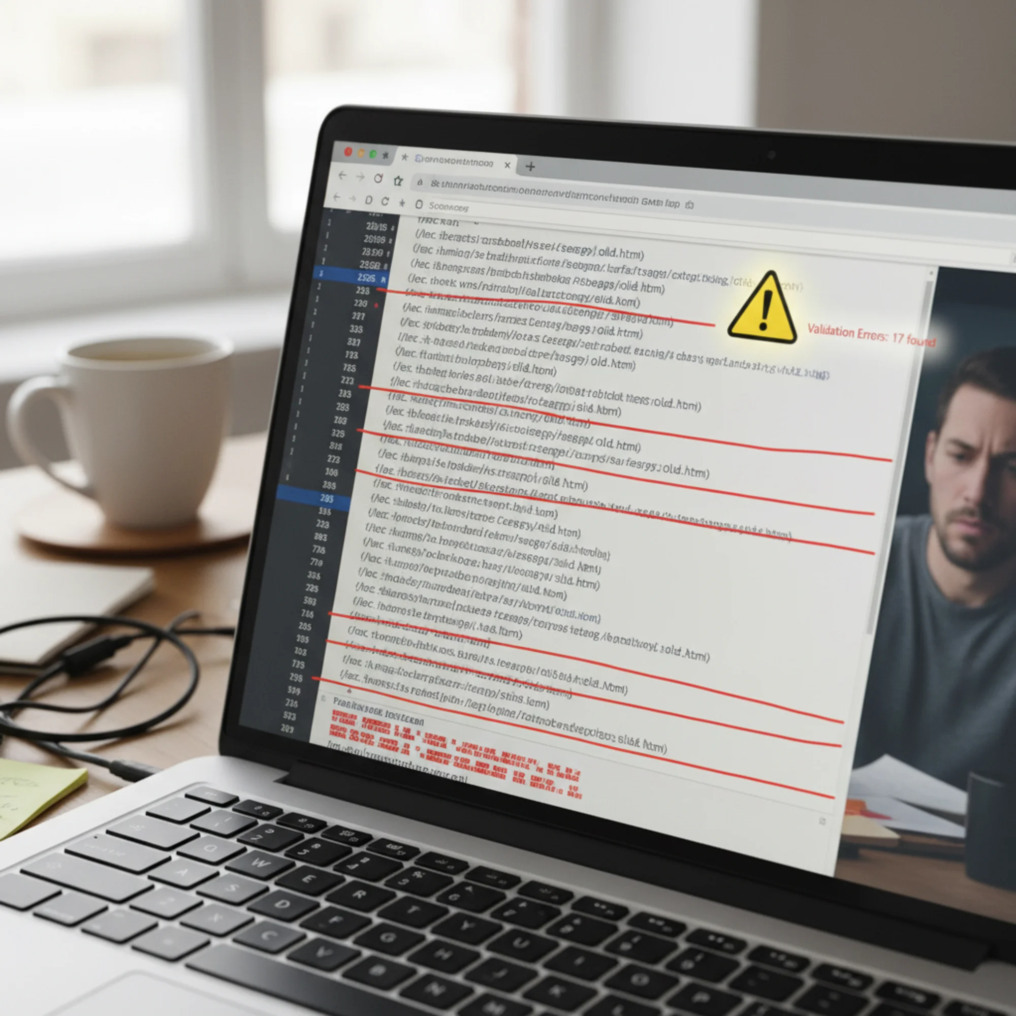 A browser window displaying an XML sitemap file riddled with red error highlights, broken URL paths, and a prominent warning icon overlay