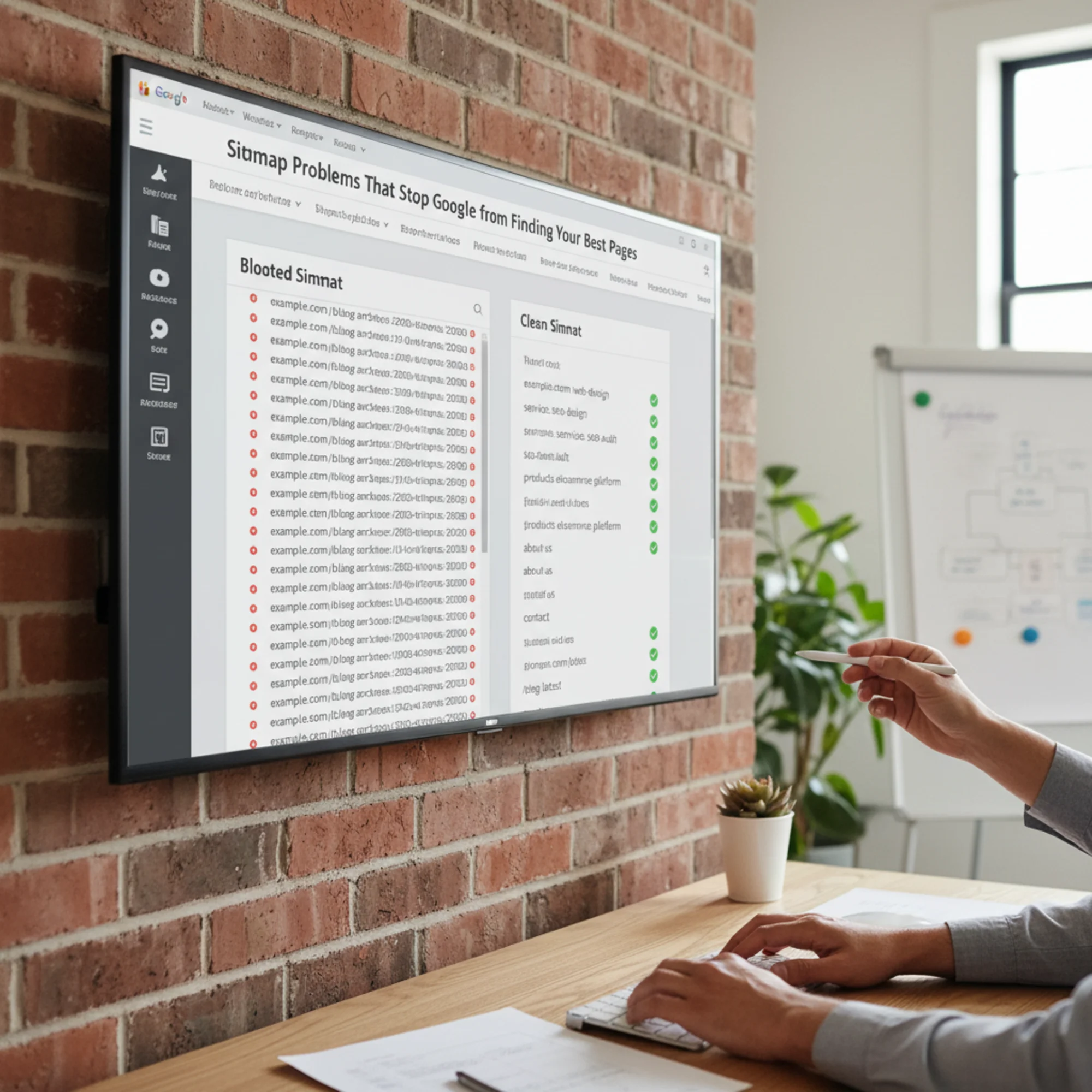 A split-screen showing a bloated sitemap with hundreds of junk archive URLs on the left versus a clean trimmed sitemap listing only core service and product pages on the right