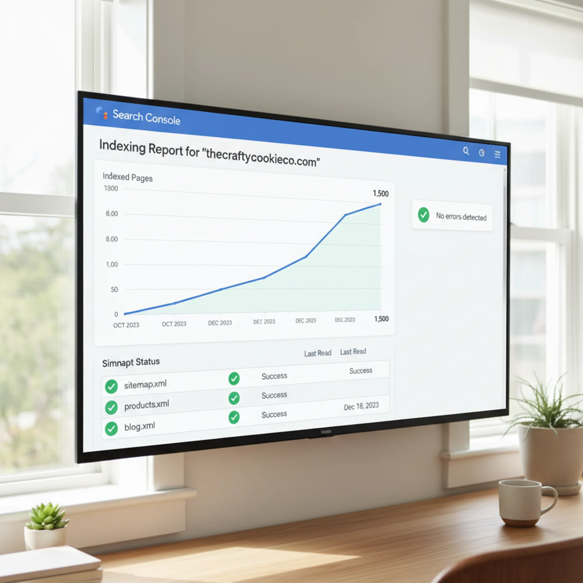 A Google Search Console indexing report with a clear upward trend in indexed pages after a sitemap cleanup, green checkmarks replacing prior errors