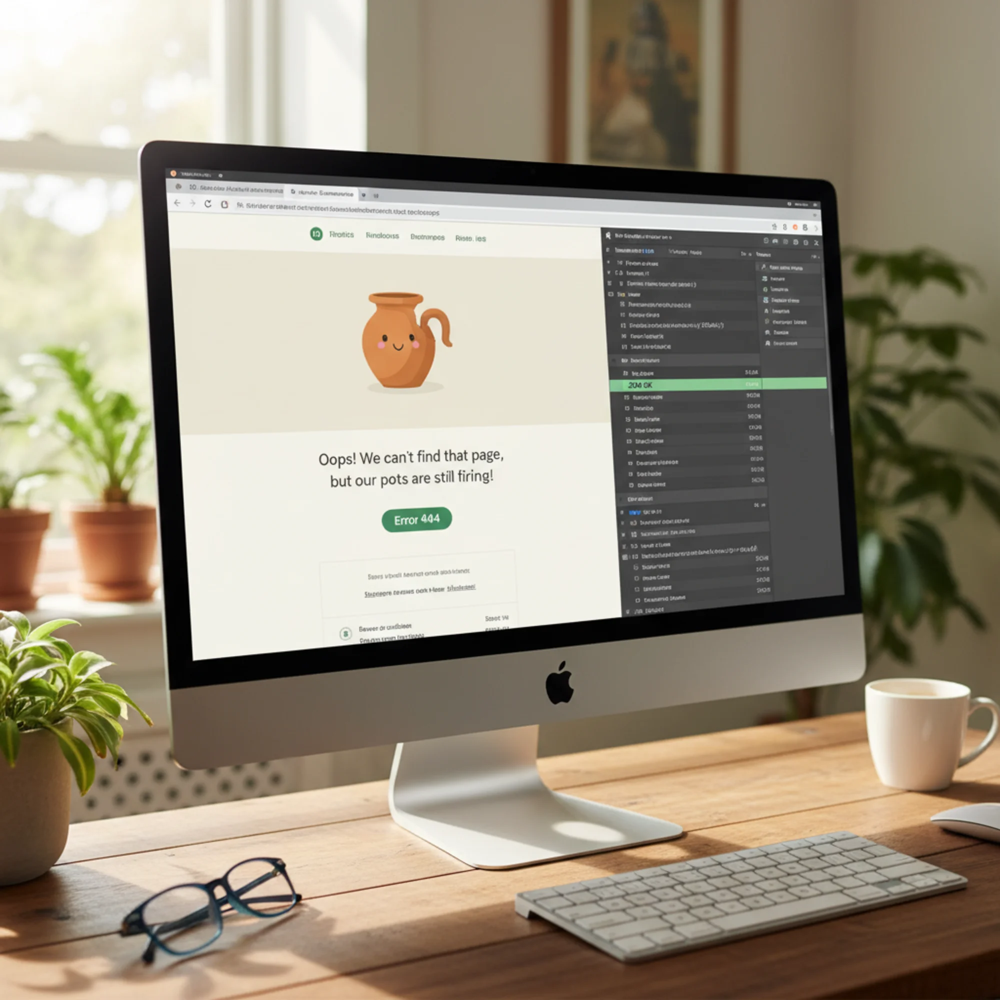 A browser window showing a friendly custom "page not found" message with a green 200 OK status code highlighted in Chrome DevTools Network tab, illustrating the contradiction at the heart of a soft 404