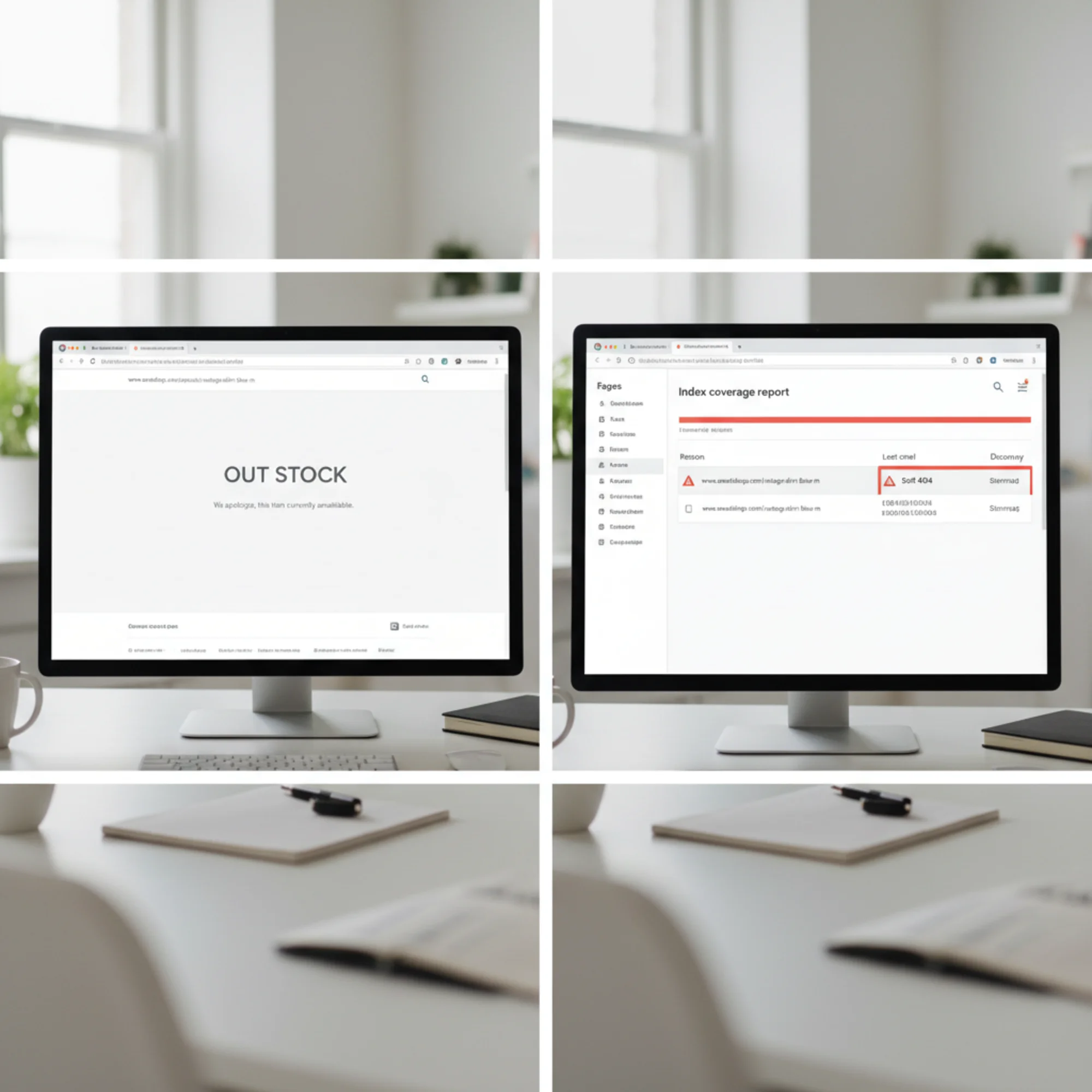 A split-screen comparison: on the left, a near-empty e-commerce product page showing "out of stock" with only a header and footer; on the right, Google Search Console's Pages report flagging the same URL as a soft 404 error