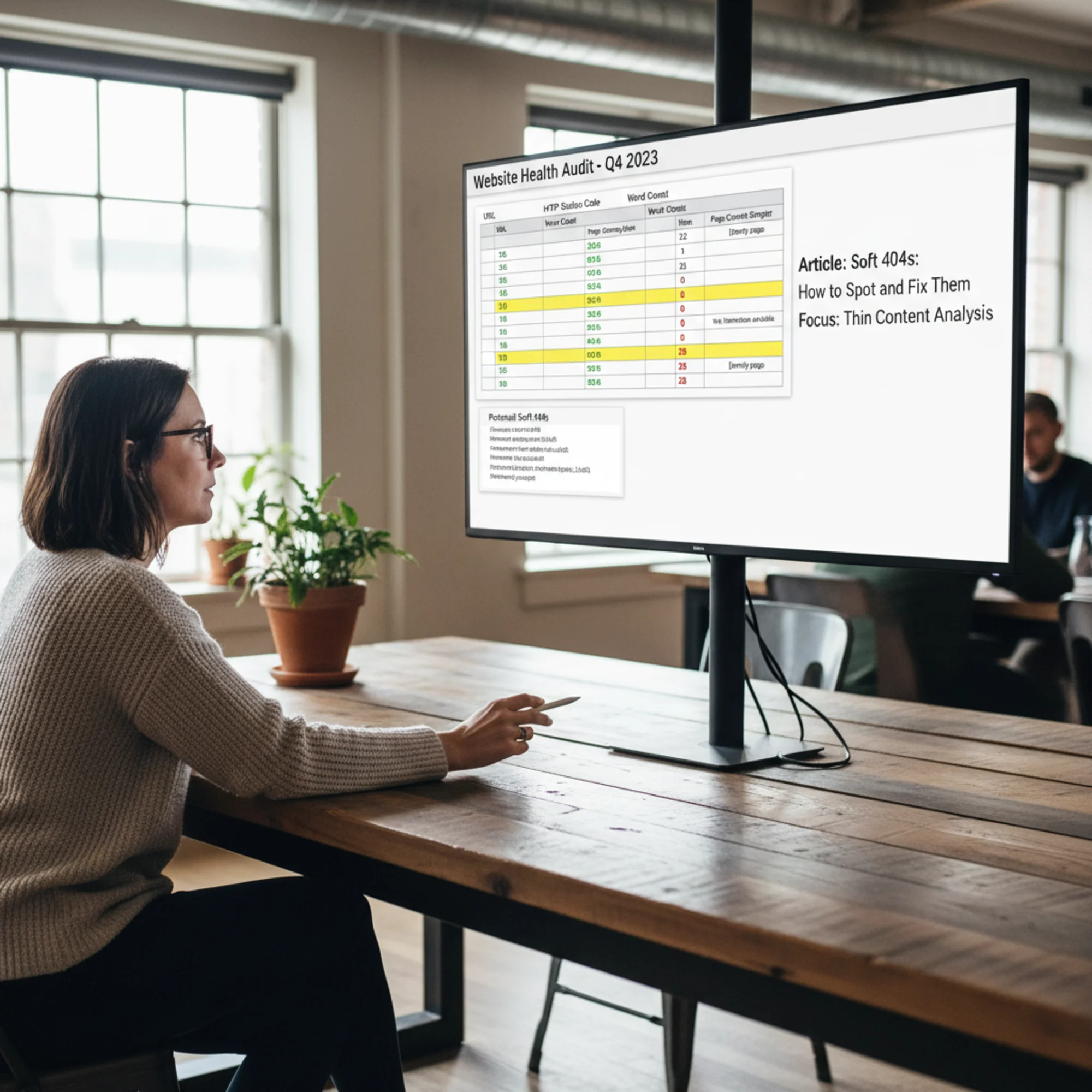 A site owner reviewing a crawl report spreadsheet of URLs color-coded by HTTP status, with several rows highlighted in yellow where 200 status codes pair with thin or empty page content and word counts under 50