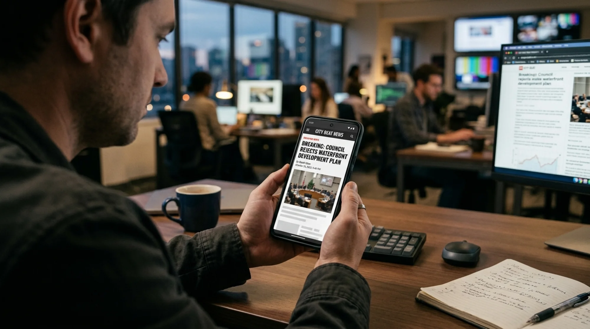 A newsroom-style content site homepage loading on a phone, with a bold breaking-news headline, byline, and timestamp visible above the fold, viewed from over a journalist's shoulder at a desk with a coffee and notebook