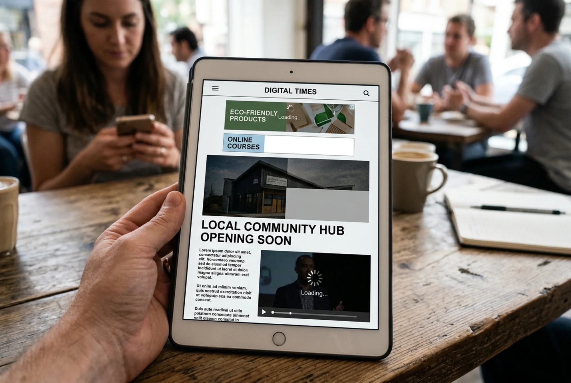 A content article page on a tablet showing a half-loaded hero image, an autoplaying video player frozen mid-load, and three stacked ad slots pushing the headline down the screen