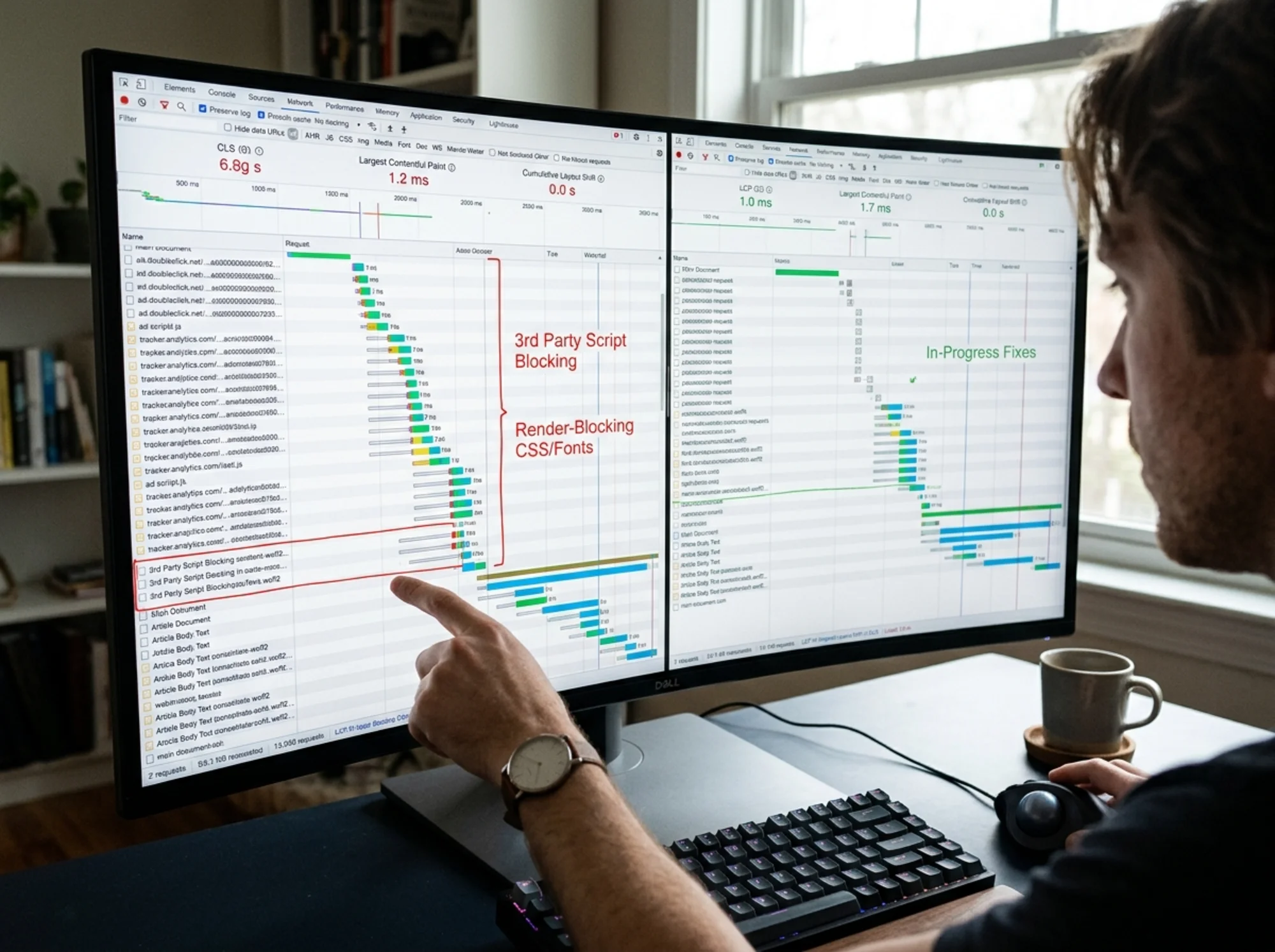 A side-by-side waterfall view on a developer's monitor showing dozens of third-party tracker requests, ad scripts, and font files loading before the article body text appears