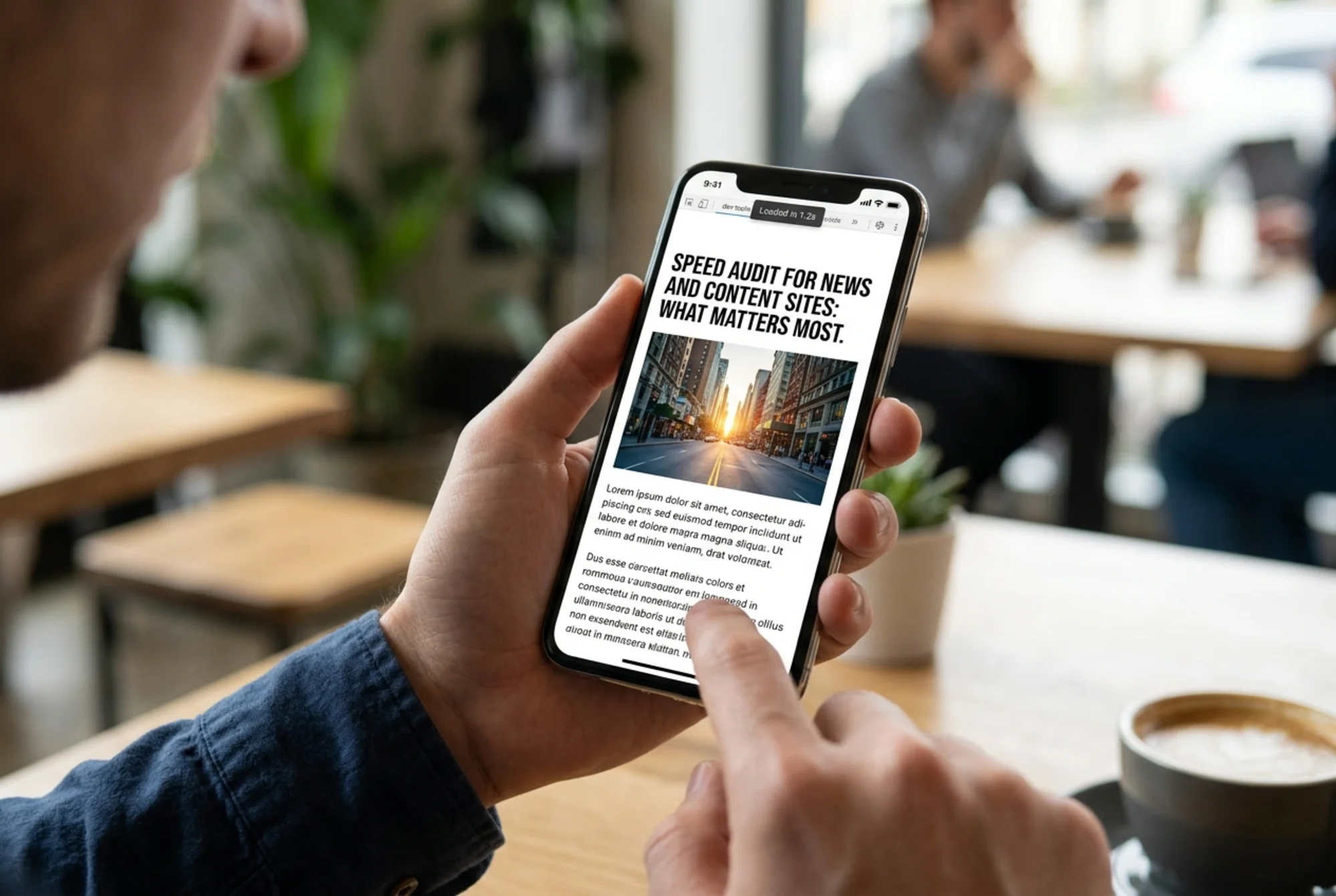 A clean, fast-loading news article page on a phone with a sharp hero image, crisp headline, immediate text rendering, and a small "Loaded in 1.2s" indicator visible in a browser dev tools panel