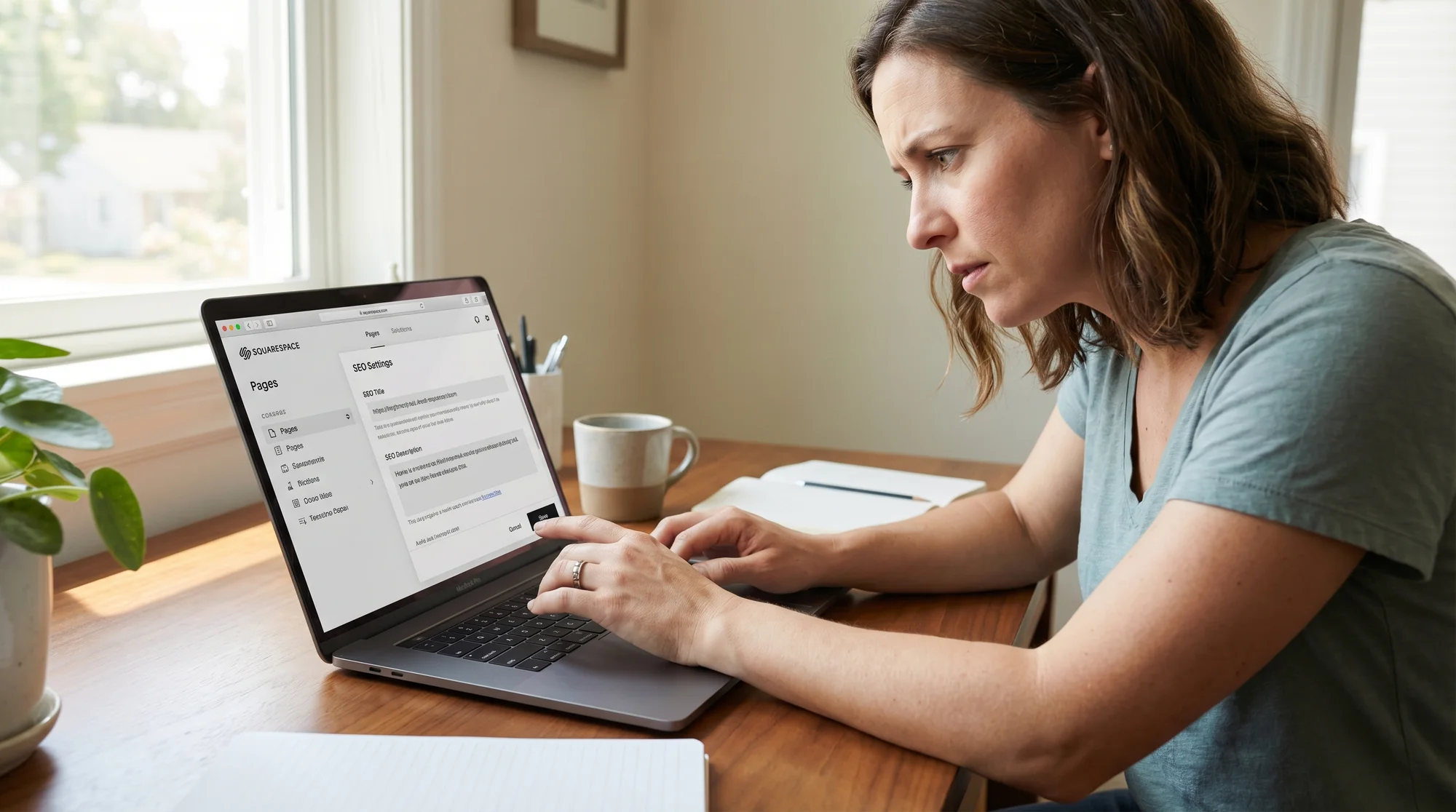 A small business owner at a desk with their Squarespace website editor open on a laptop, the SEO settings panel visible inside the Pages tab showing the title and meta description fields, looking focused but uncertain about whether the defaults are correct