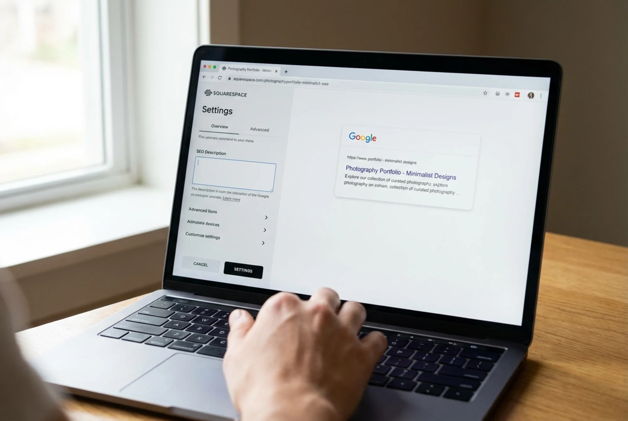 A browser window showing a Squarespace page's SEO settings panel with the meta description field left blank, beside a Google search result preview showing an auto-generated snippet cut off mid-sentence with no clear value proposition