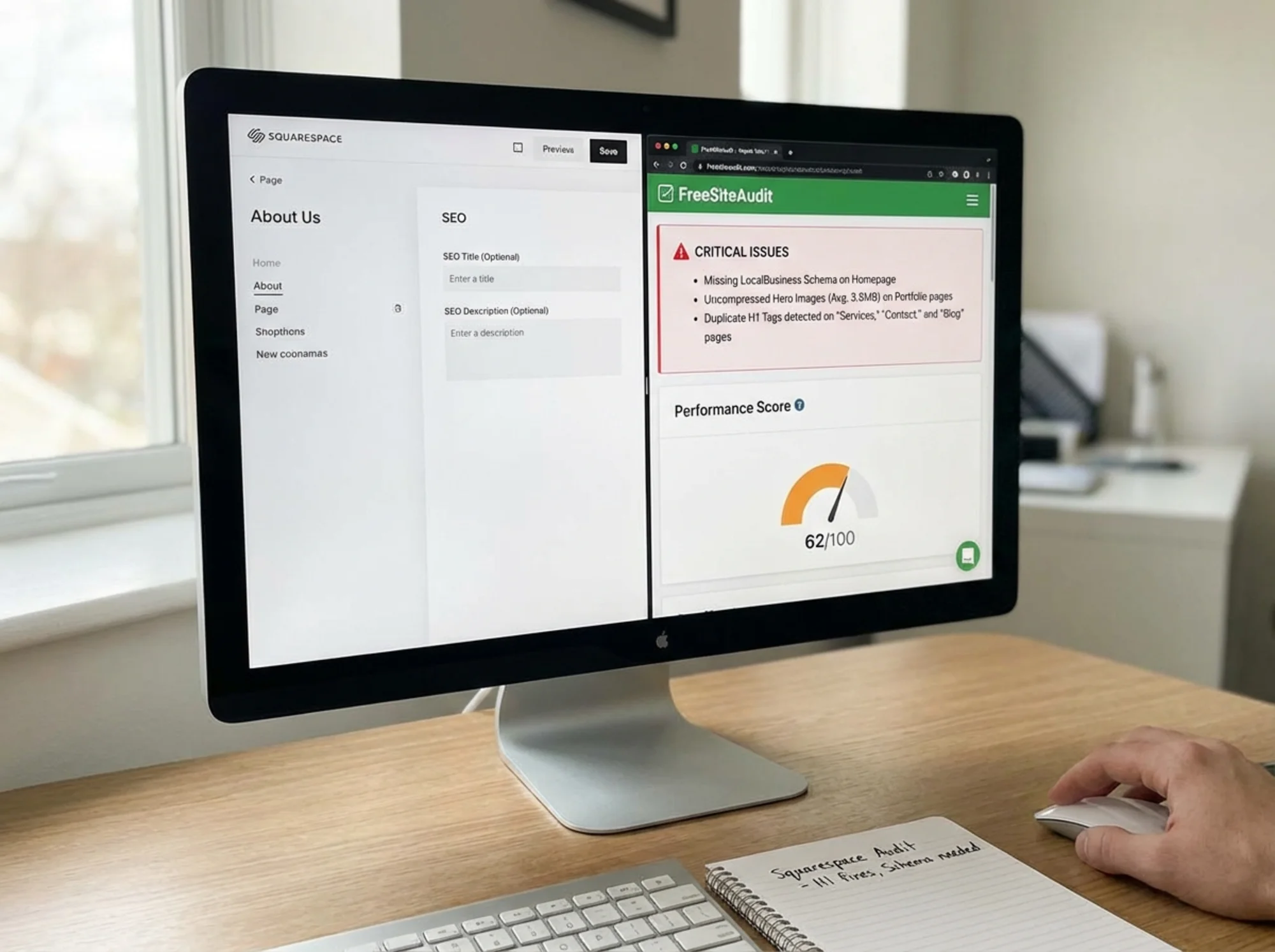 A split-screen showing Squarespace's native SEO panel on the left with only title and description fields available, and a FreeSiteAudit report on the right highlighting missing LocalBusiness schema, uncompressed hero images, and duplicate H1 tags across three pages