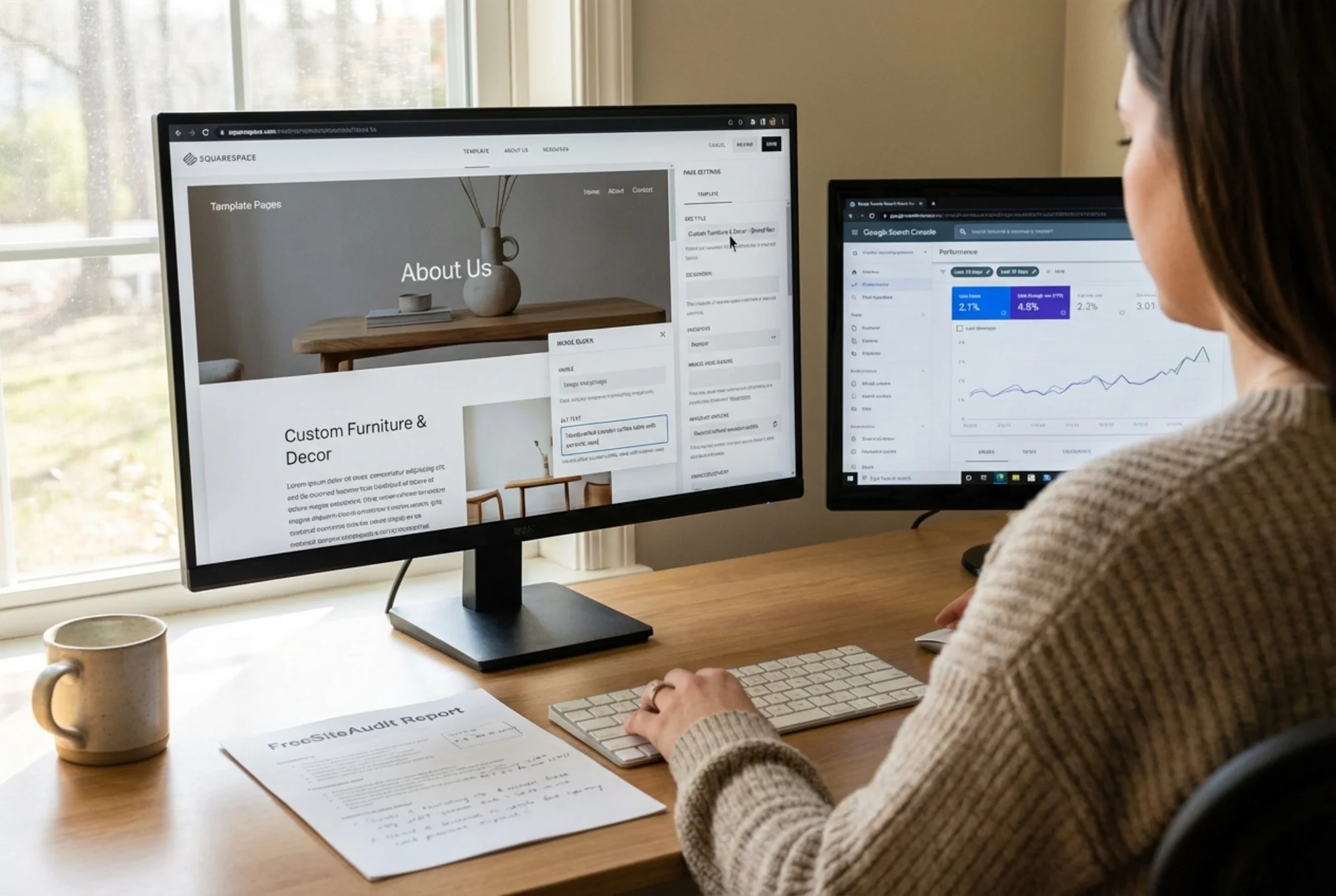 A small business owner updating page titles and image alt text in Squarespace's editor after reviewing a FreeSiteAudit report, with a Google Search Console performance graph open on a second monitor showing a click-through rate uptick over 30 days