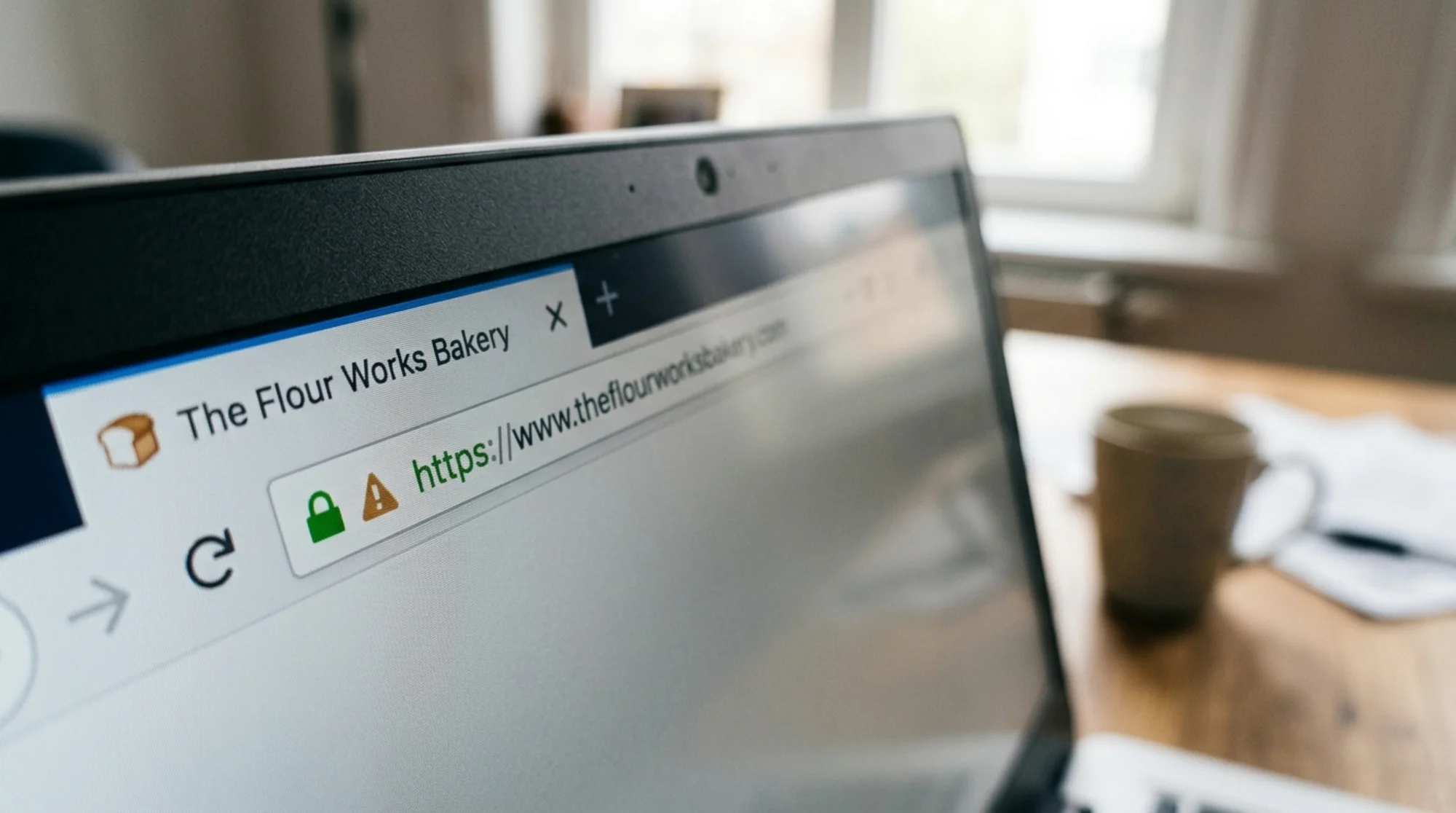 Close-up of a browser address bar showing a green padlock next to a small business website URL, with a subtle amber warning icon hinting at hidden SSL configuration issues, soft natural lighting and shallow depth of field