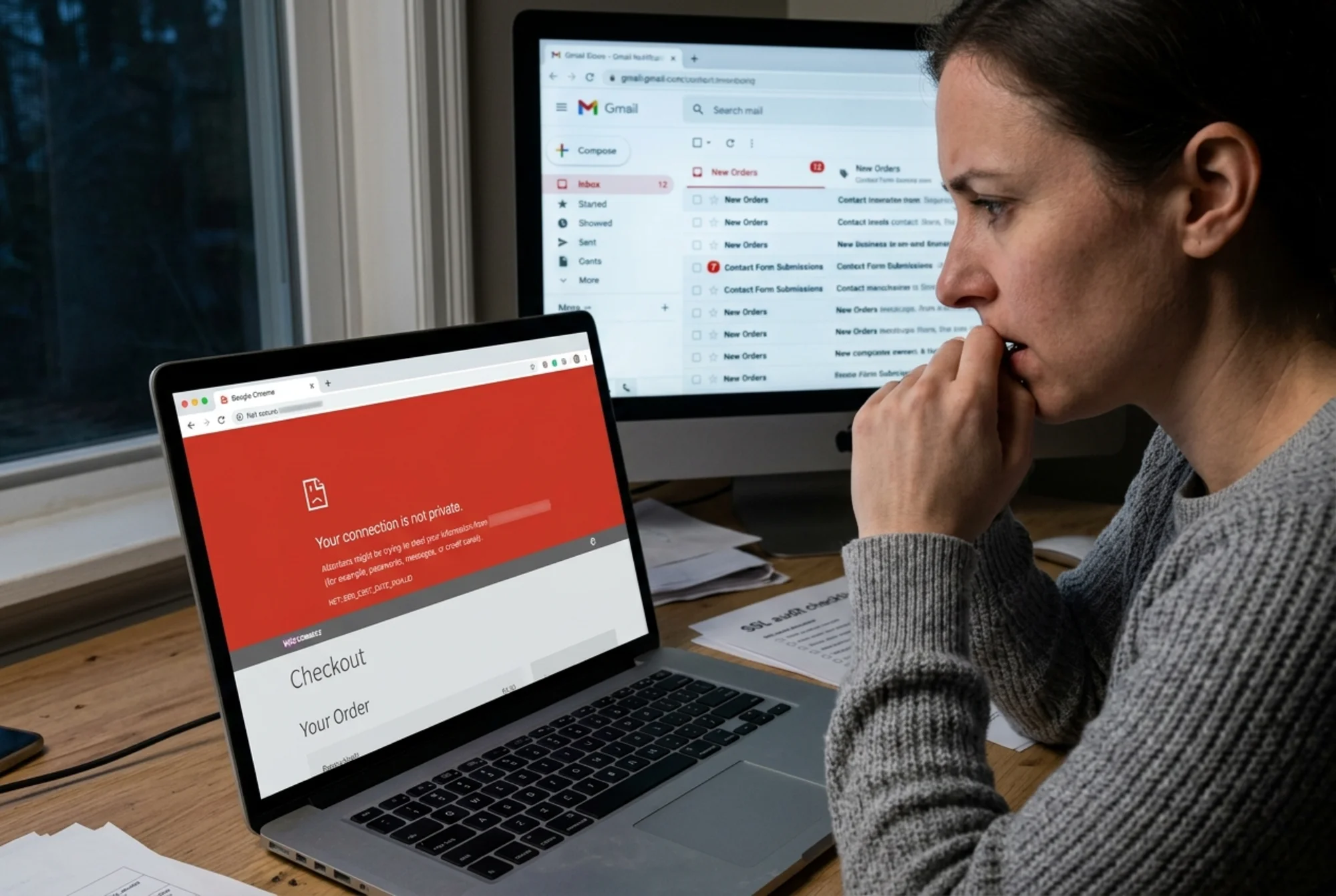 A small business owner staring at a laptop screen showing a full-screen red "Your connection is not private" browser warning on a WooCommerce checkout page, unread order notifications dimmed in the background