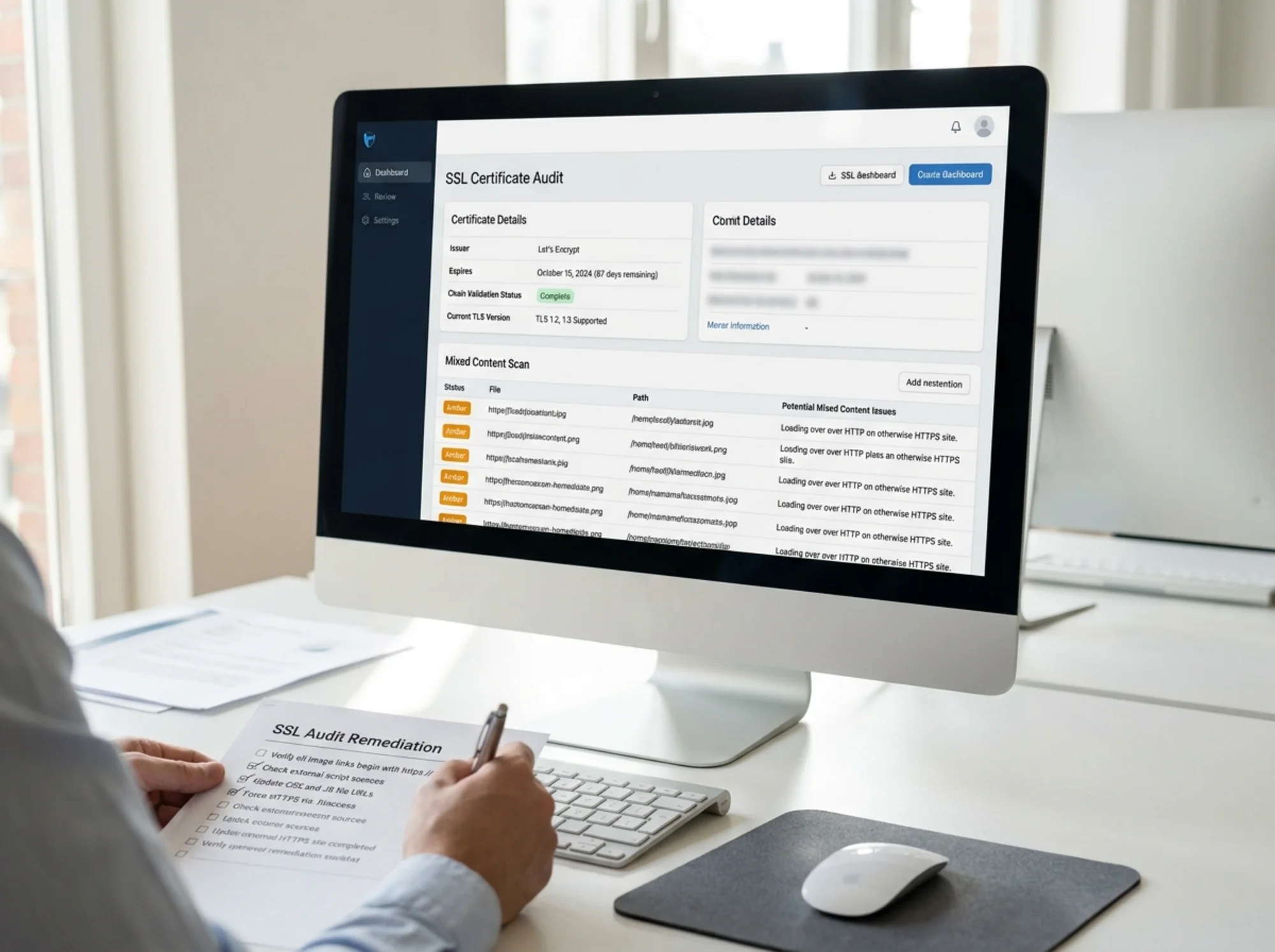 Detailed screen view of an SSL audit dashboard showing certificate issuer, expiry date, chain validation status, TLS version, and a mixed-content scan with several rows flagged amber, paired with a tidy remediation checklist