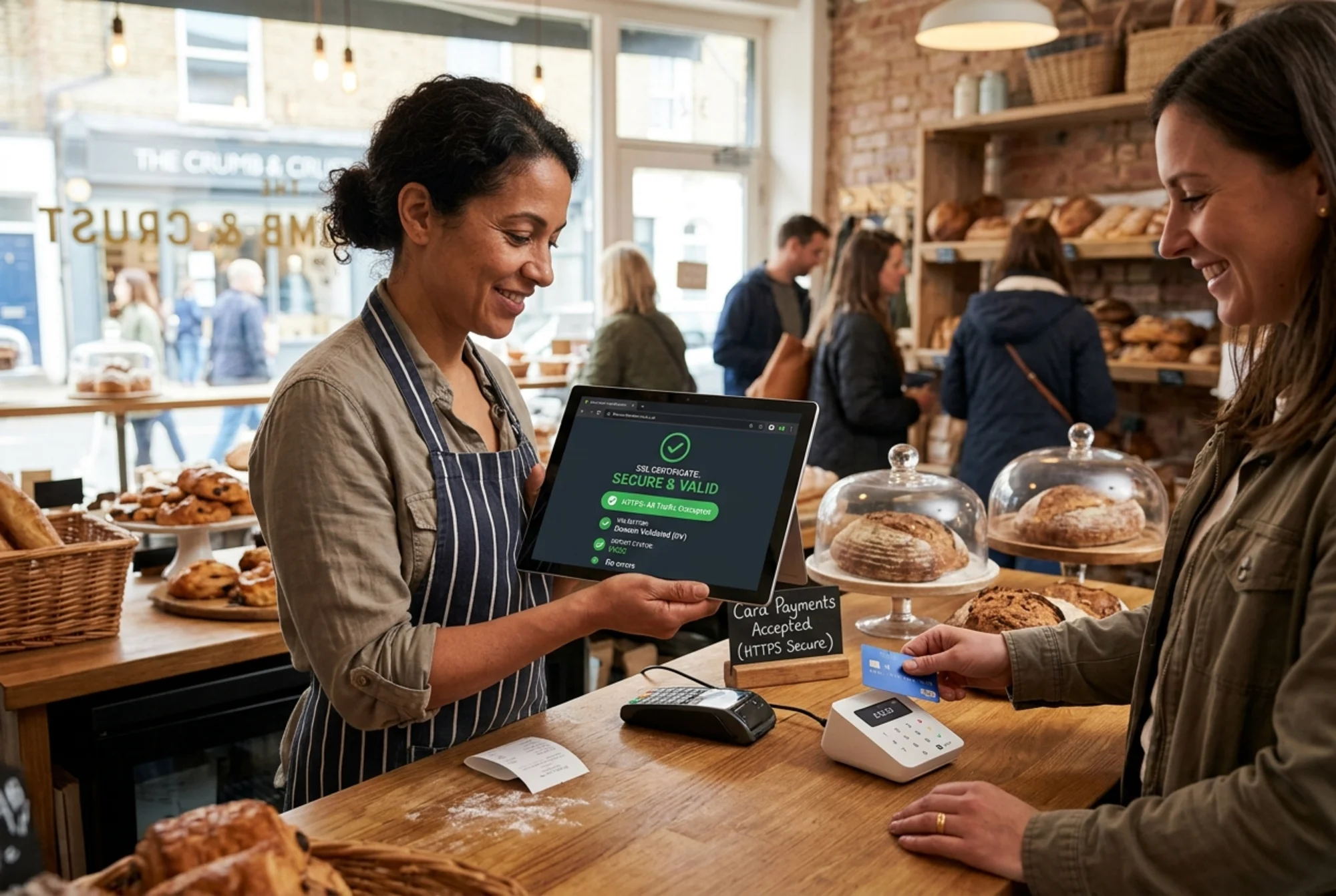 A confident bakery owner reviewing a clean green SSL health report on a tablet at her counter while a customer taps a card on the in-store reader, soft daylight through a shopfront window