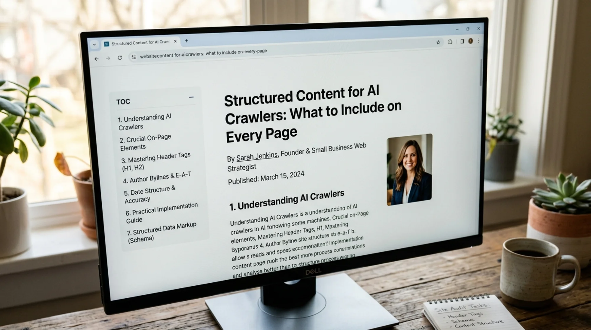 Close-up of a clean blog article page on a browser showing a clear H1 headline, byline with author photo, published date, and a visible table of contents in the sidebar, soft natural window light, photorealistic