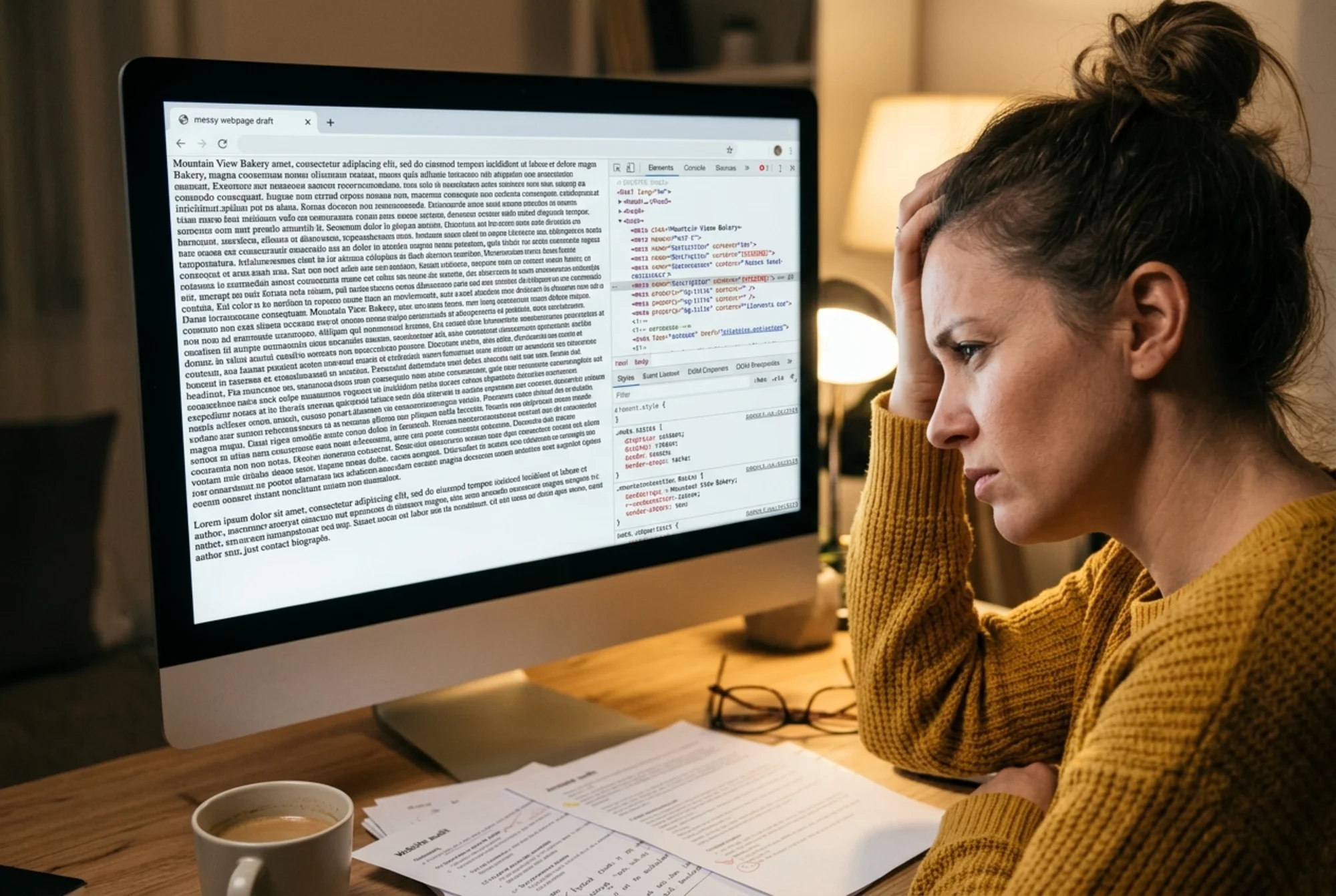 A messy webpage draft with no headings, a wall of text, missing author info, and broken meta tags visible in a code inspector pane, frustrated small business owner reading the screen, warm office light