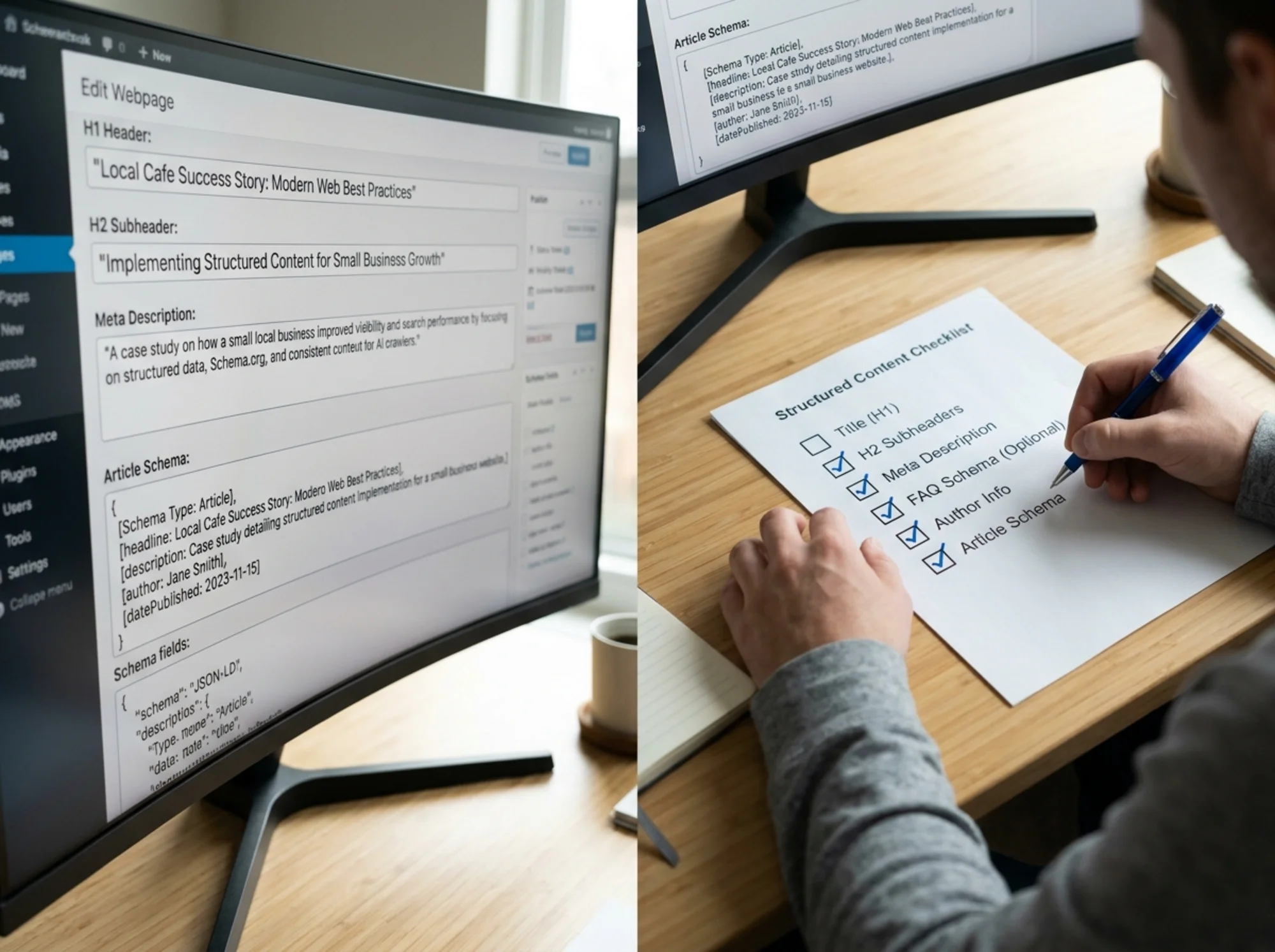 Split-screen view of a CMS editor showing H1, H2, meta description, and Article schema fields on one side, and a printed structured-content checklist with "Title, Summary, FAQ, Author, Schema" boxes being ticked on the other, photorealistic