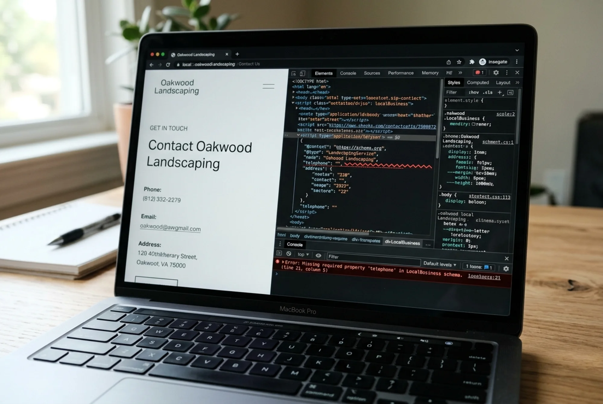 Browser developer tools panel open over a small business "Contact Us" page, highlighting a broken JSON-LD script block with a red error underline on a missing telephone property