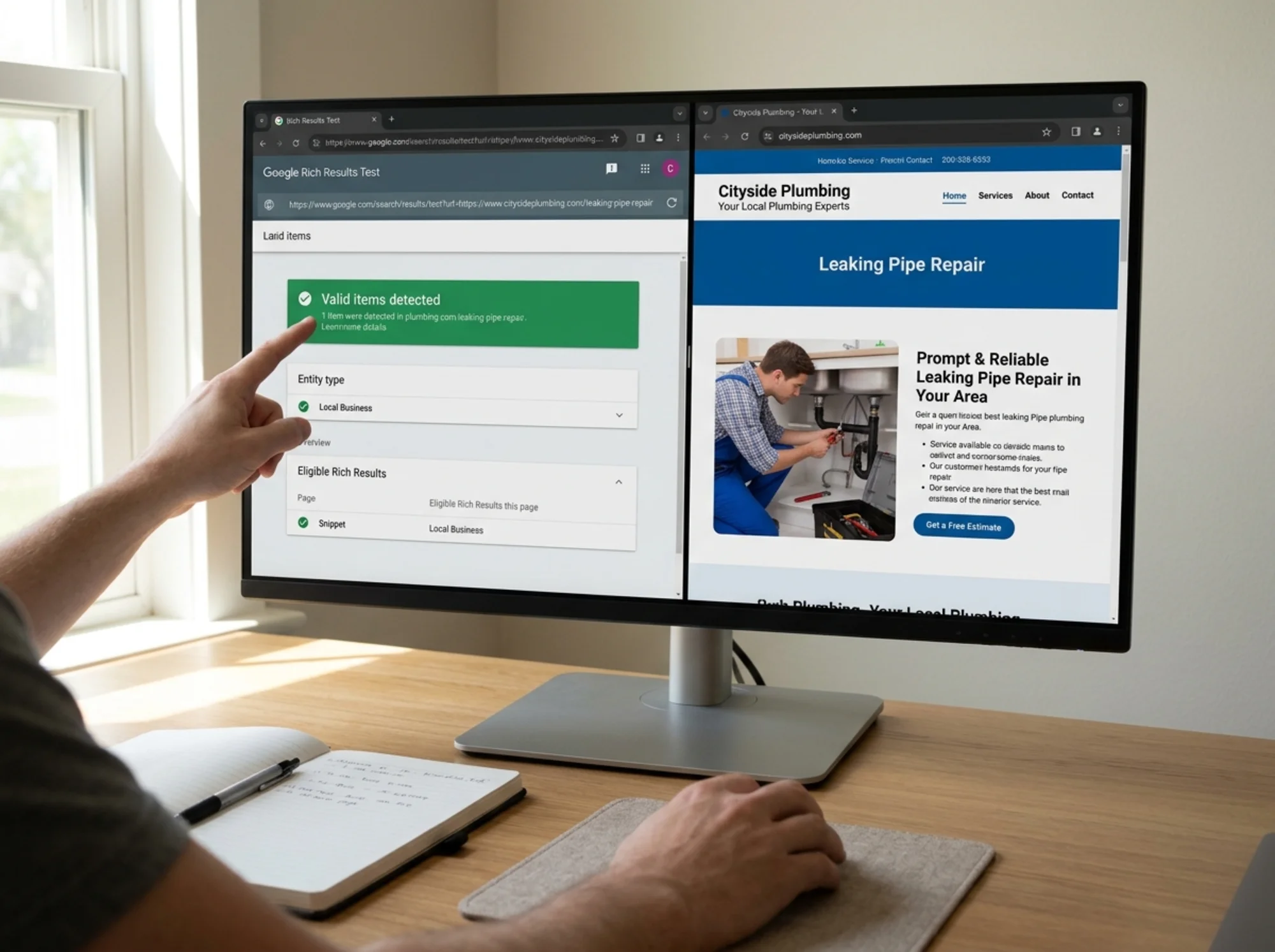 Split-screen view of Google's Rich Results Test tool on the left showing a green "Valid items detected" badge next to a local plumber's service page on the right