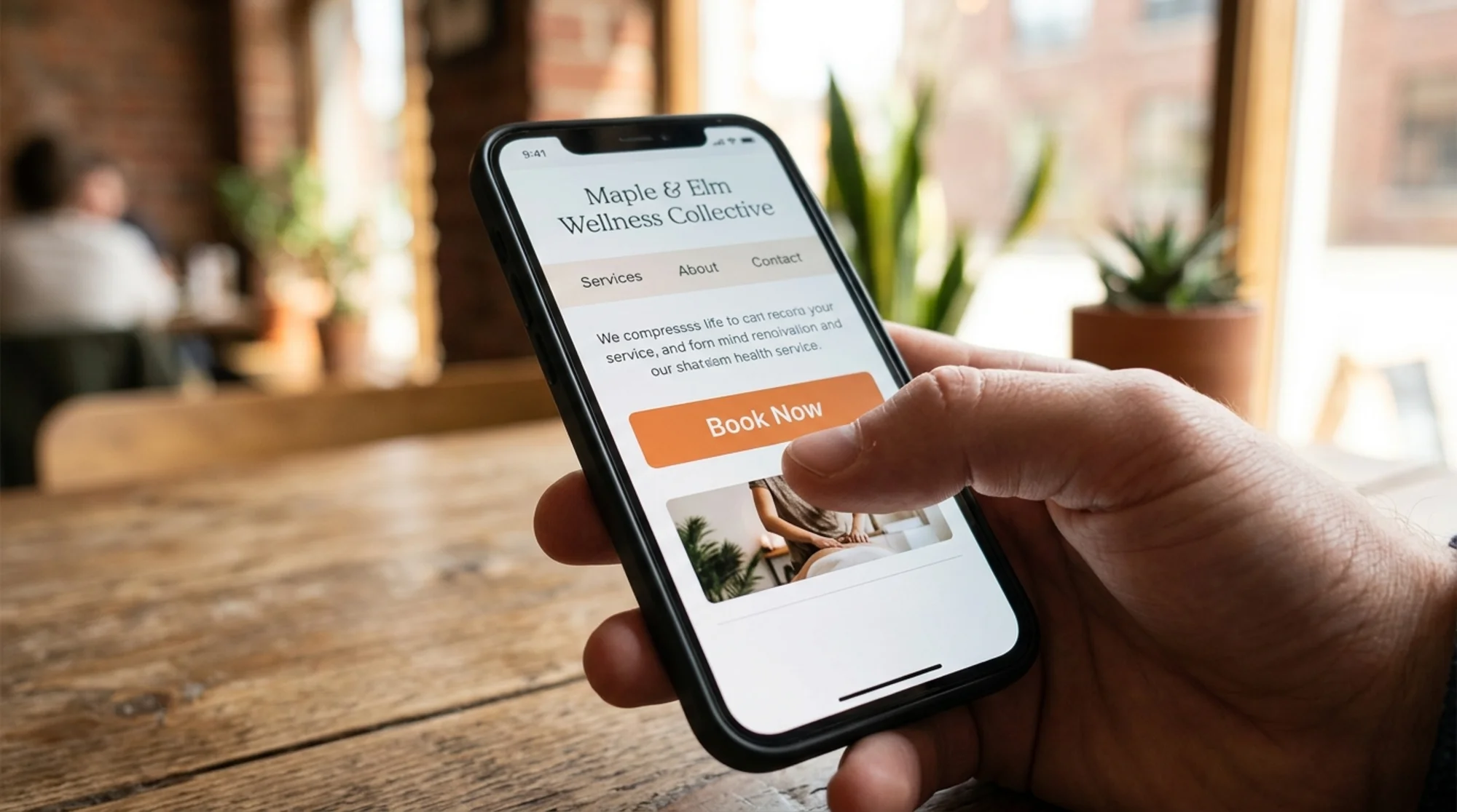 Close-up of a thumb pressing a generously sized "Book Now" button on a small business website displayed on a smartphone, surrounding navigation links clearly spaced, warm natural daylight, photographic editorial style