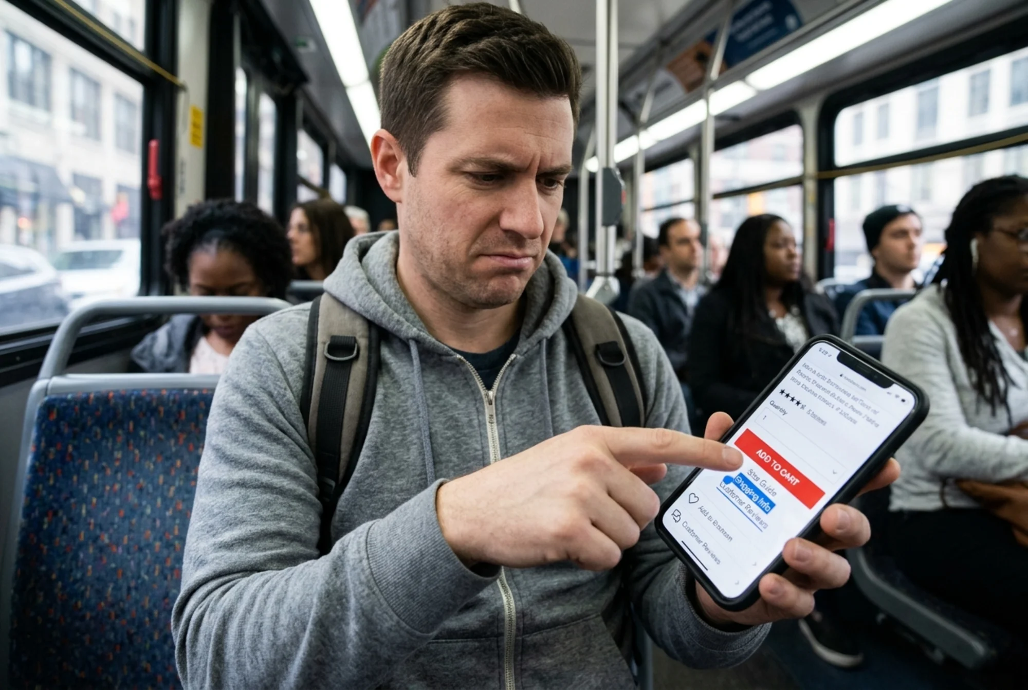 Frustrated commuter on a city bus trying to tap an "Add to Cart" button on a mobile product page, thumb visibly covering three tightly stacked links at once, wrong item highlighted on screen, candid documentary style