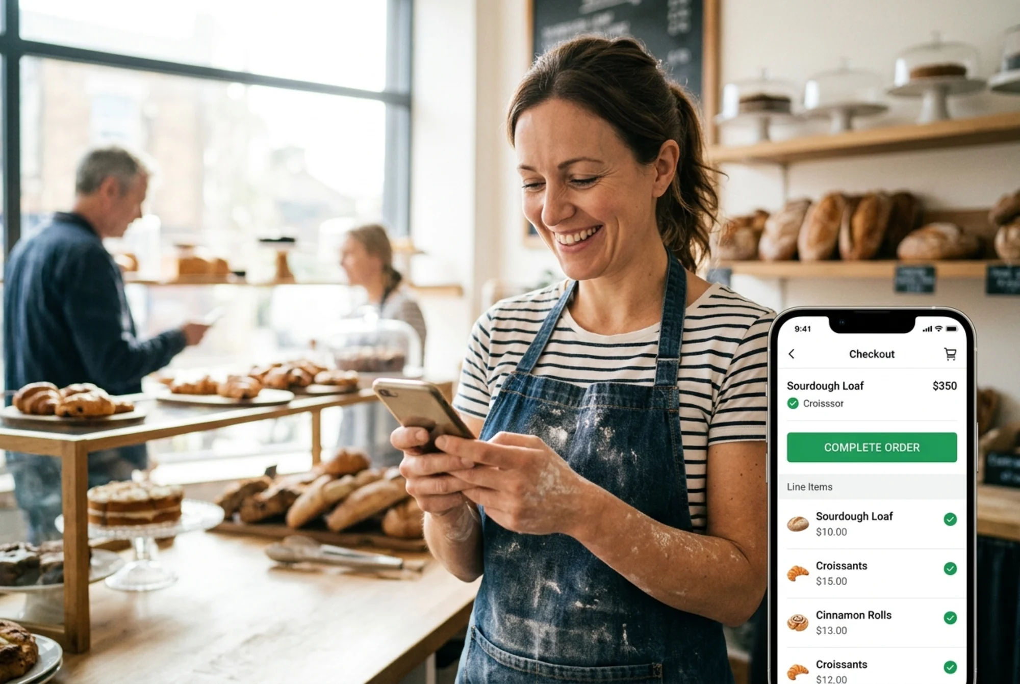 Bakery owner in her shop reviewing a stream of completed mobile orders on her phone, the redesigned checkout button large and clearly spaced on the visible screen, soft window light behind her, candid lifestyle style