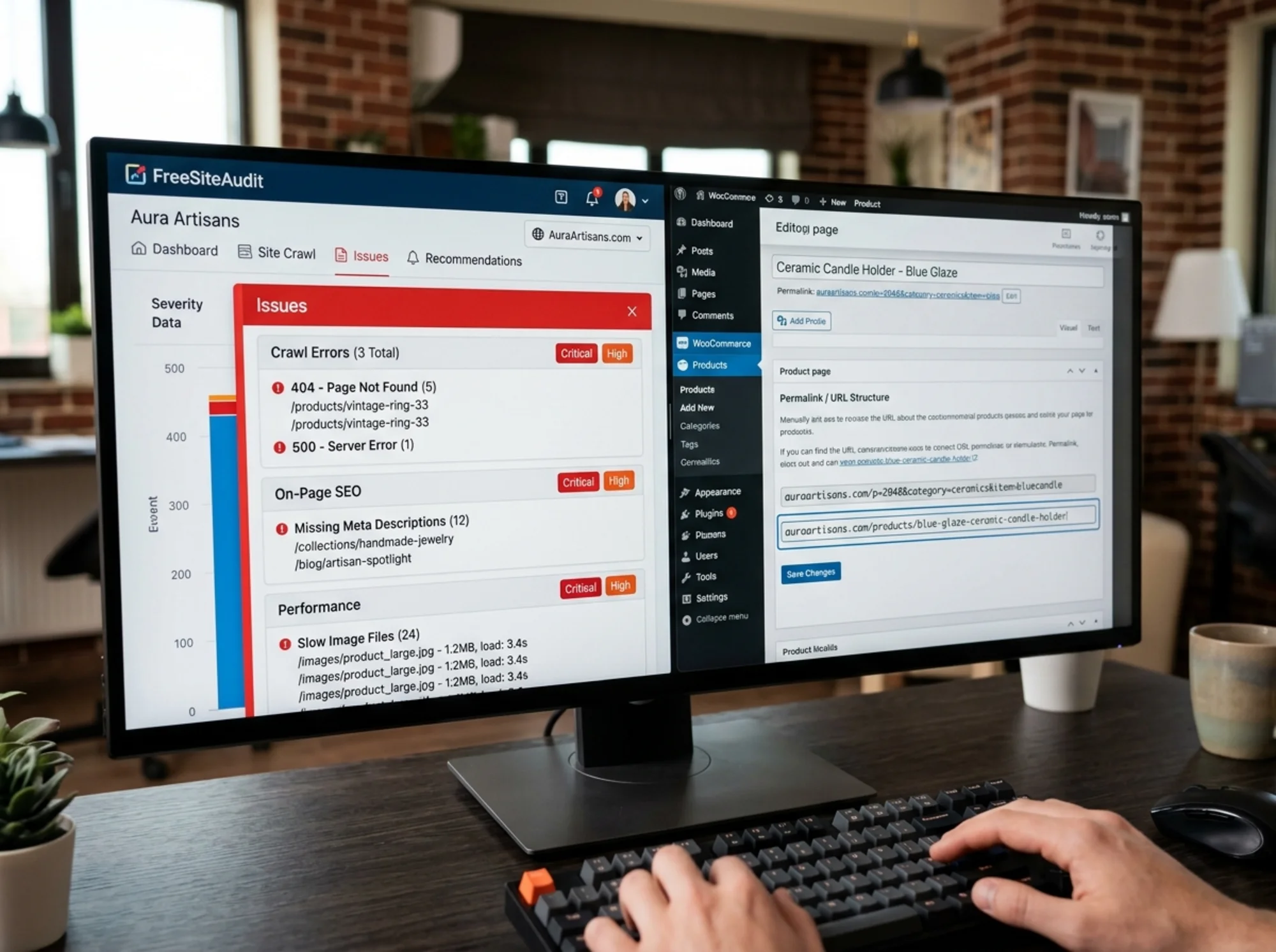 Split-screen view: left side shows a FreeSiteAudit issues panel listing crawl errors, missing meta descriptions, and slow image files with red severity badges; right side shows a developer zoomed into a single product page URL structure being corrected in a CMS editor