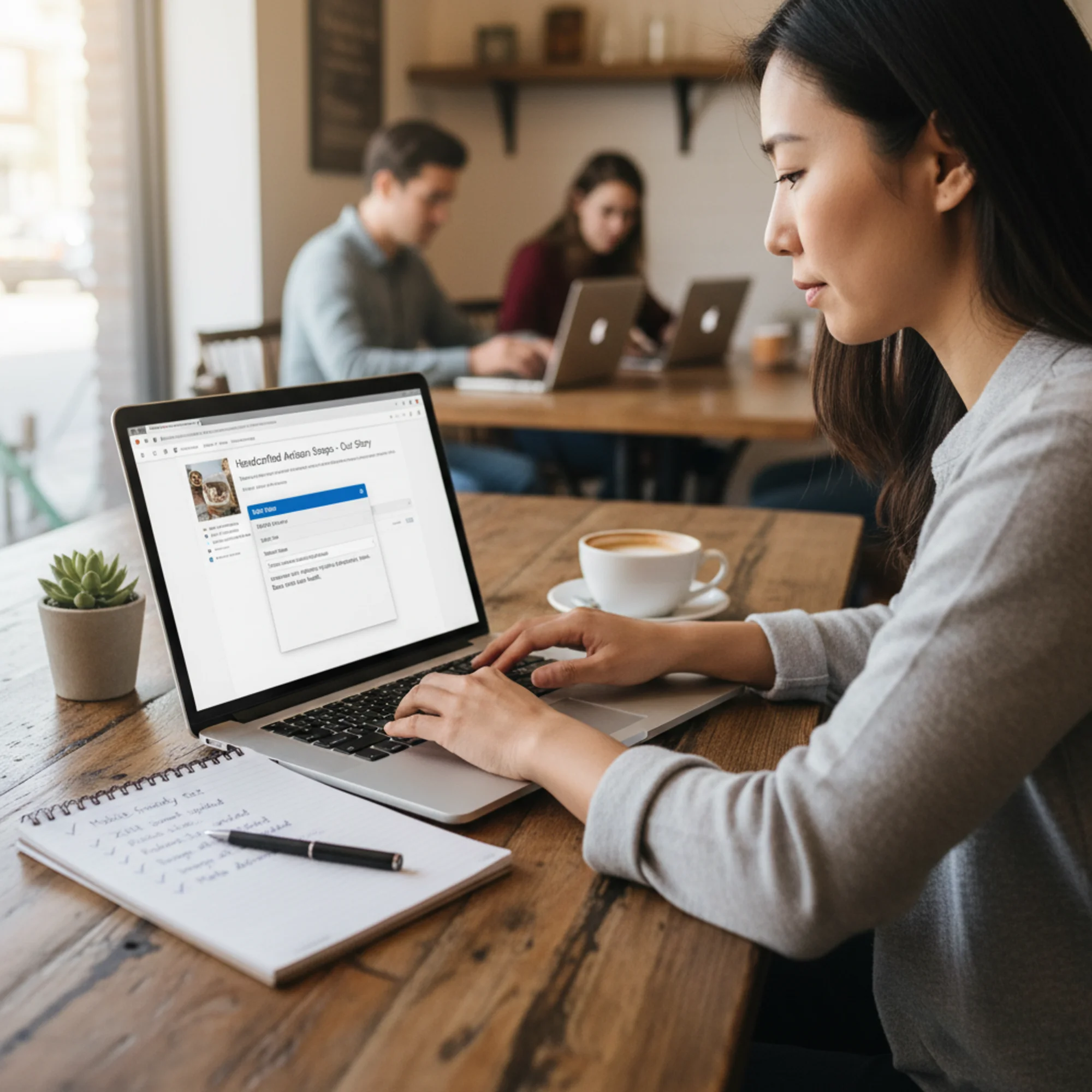 A small business owner editing meta title and description fields in WordPress with the Yoast SEO plugin open, a handwritten checklist of completed SEO fixes on a notepad beside the laptop