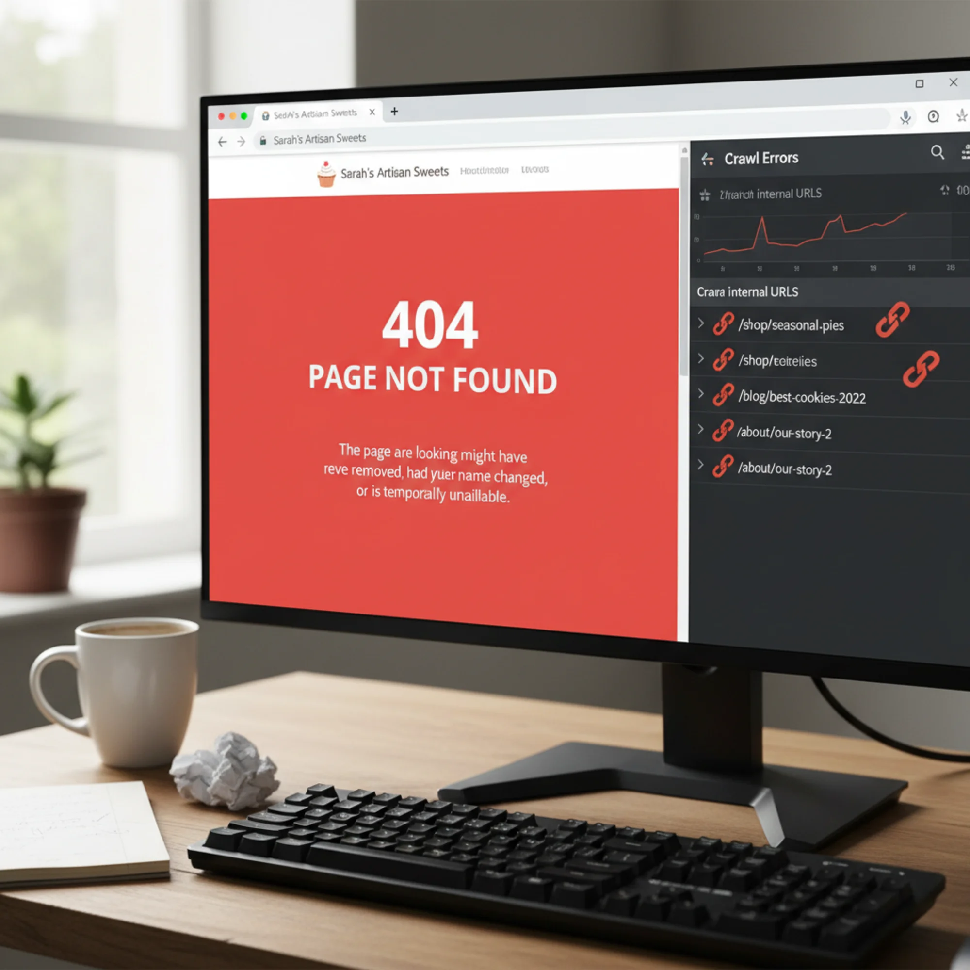 A browser displaying a bright red 404 "page not found" error on a small business website, with broken chain-link icons overlaid on a list of dead internal URLs in Google Search Console