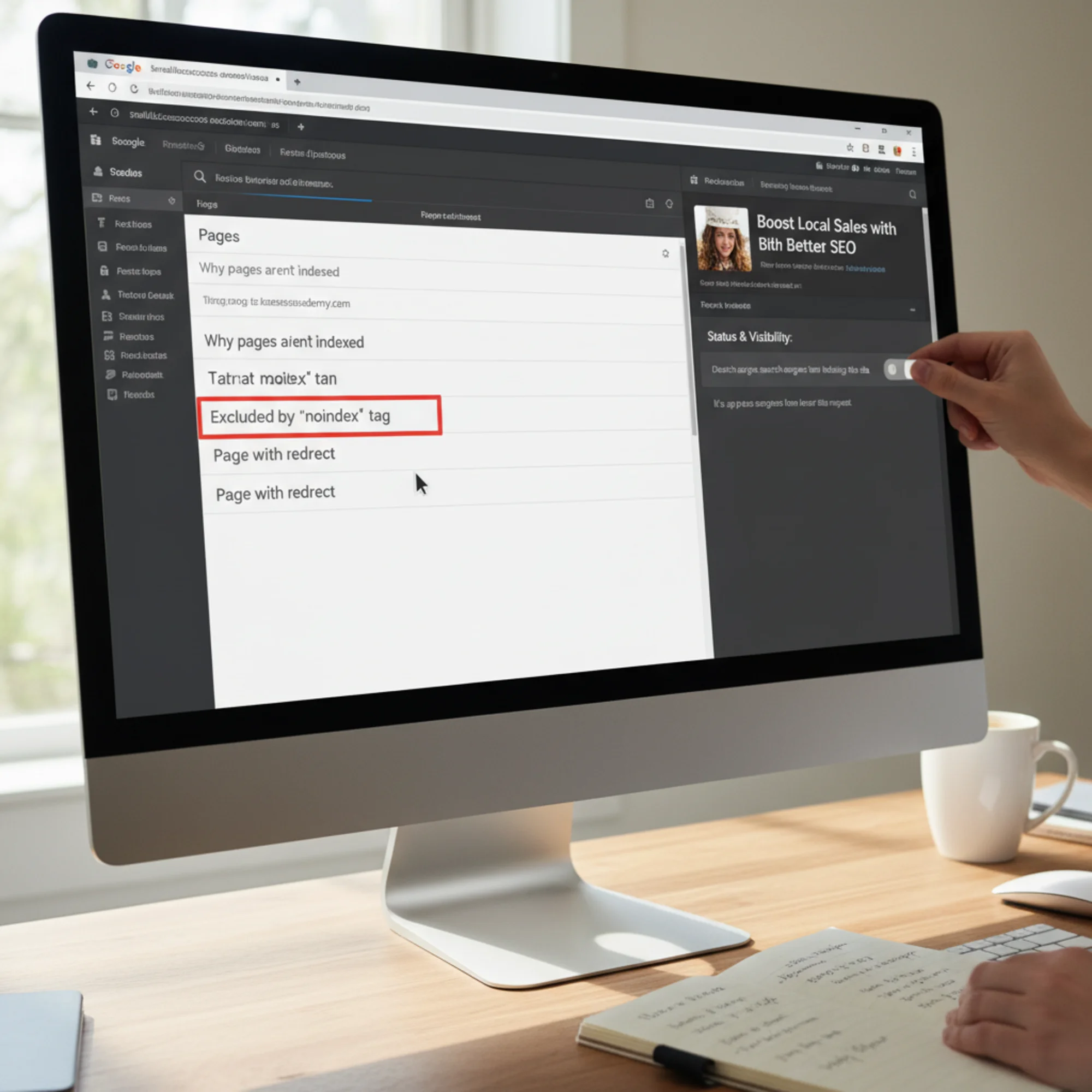 A split-screen showing Google Search Console's Pages report on the left with indexing errors highlighted in red and a WordPress page editor on the right where a noindex tag is being toggled off