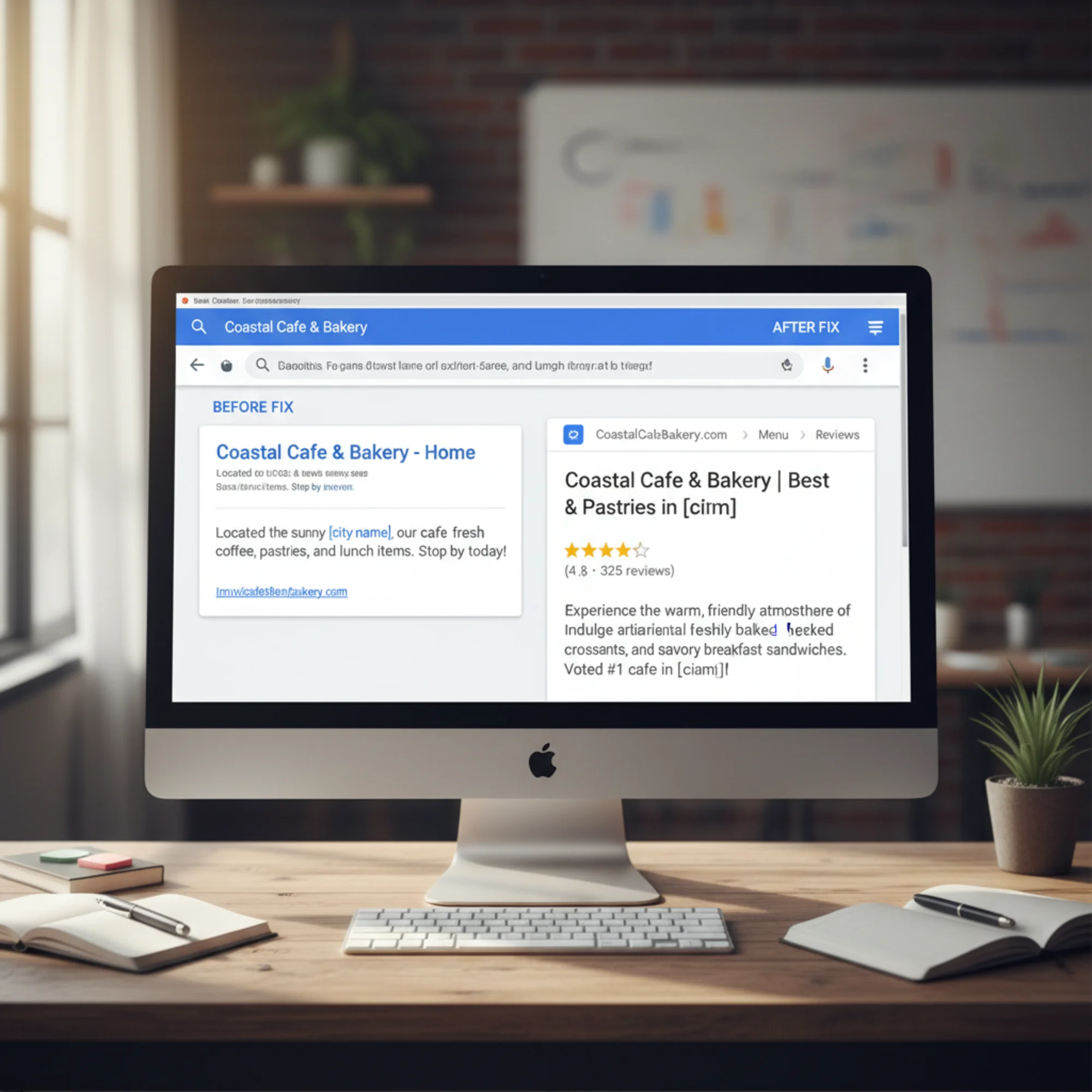 A before-and-after comparison of a Google search result: on the left a plain blue link with a truncated auto-generated description, on the right a rich result with star ratings, breadcrumbs, and a clear meta description for the same business