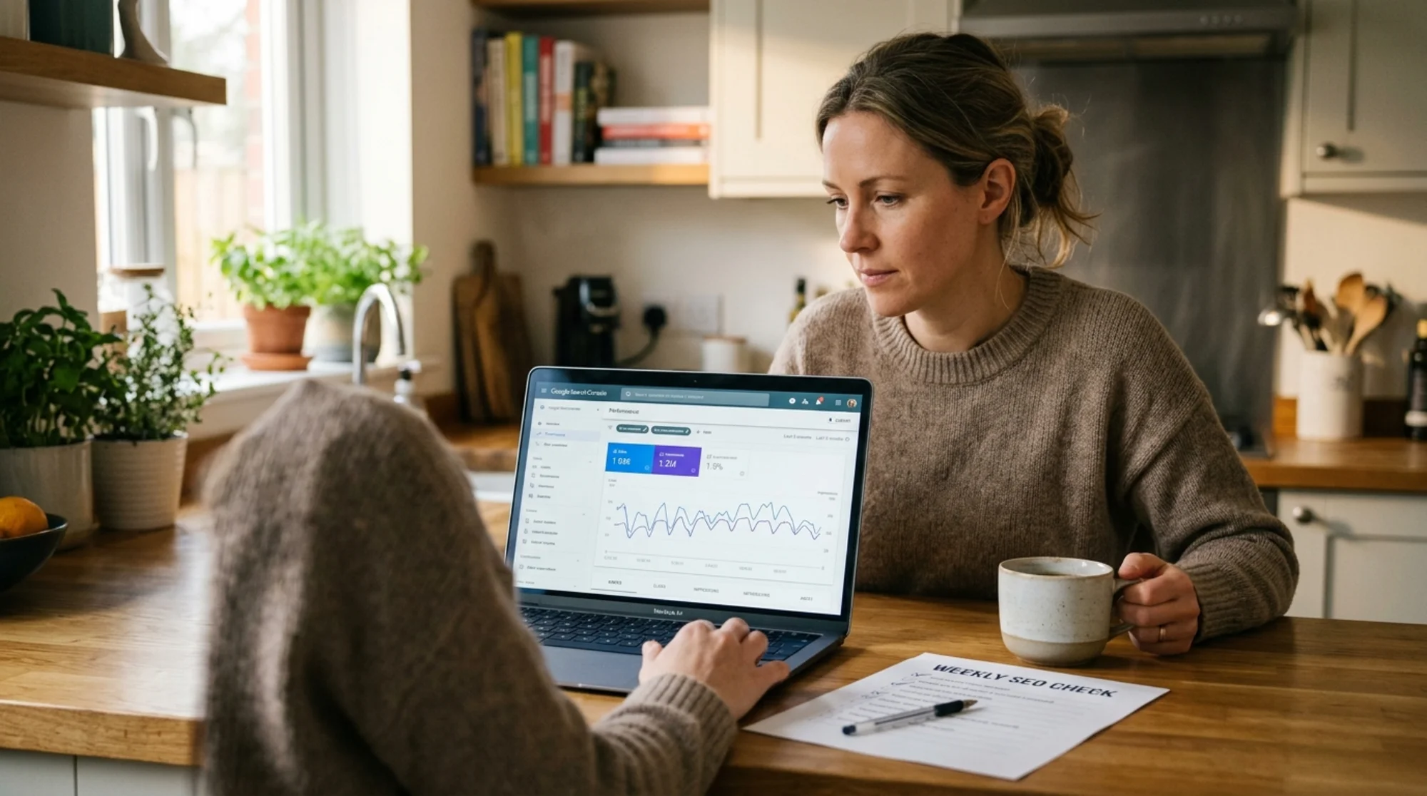 A small business owner at a kitchen counter with a coffee mug and a printed checklist titled "Weekly SEO Check" beside an open laptop displaying Google Search Console's Performance report with the clicks/impressions line chart visible, warm morning light, casual and grounded