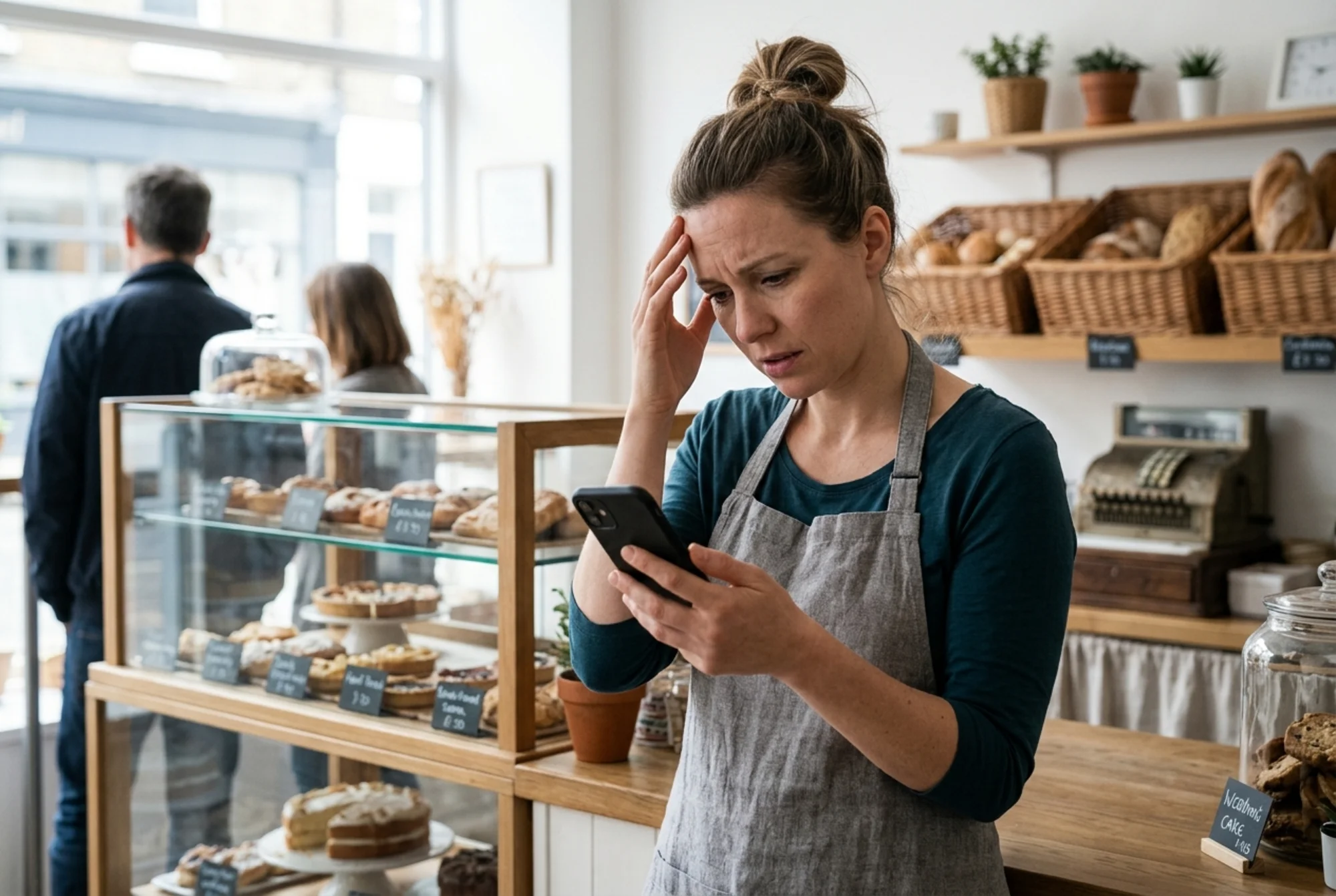 A frustrated bakery owner staring at a phone showing a broken product page with a "404 Not Found" error and a half-loaded wedding cake photo, shop counter and pastry case visible in the background, soft natural light