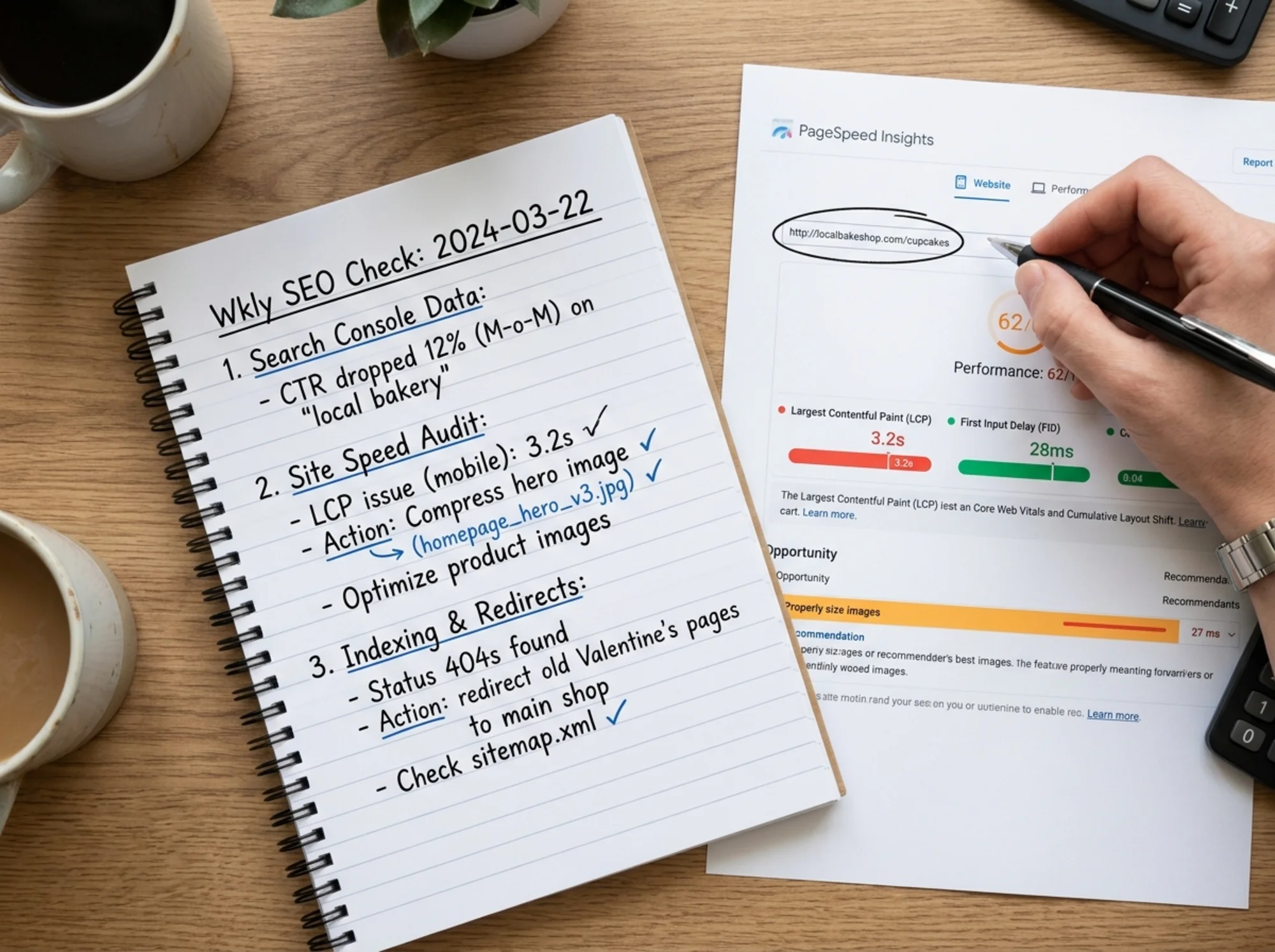 Overhead close-up of a notebook with handwritten notes ("CTR dropped 12%", "compress hero image", "redirect old Valentine's pages"), a printed PageSpeed Insights Core Web Vitals report with red LCP and green CLS bars, and a hand holding a pen circling a URL
