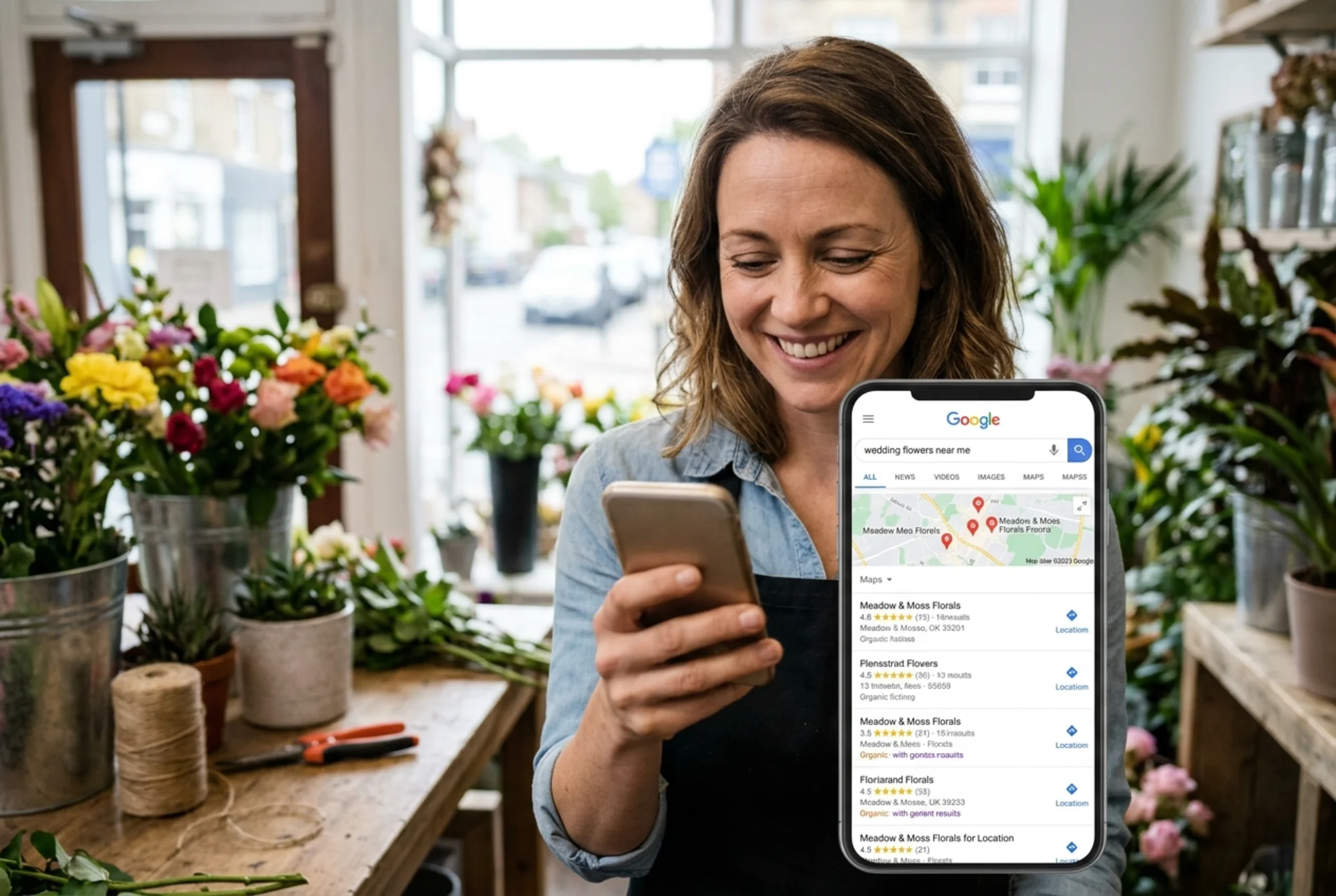 A relieved florist smiling at her phone showing a Google search result page where her shop appears at position 3 for "wedding flowers near me" with a local map pack visible, flower arrangements and shop window in the background