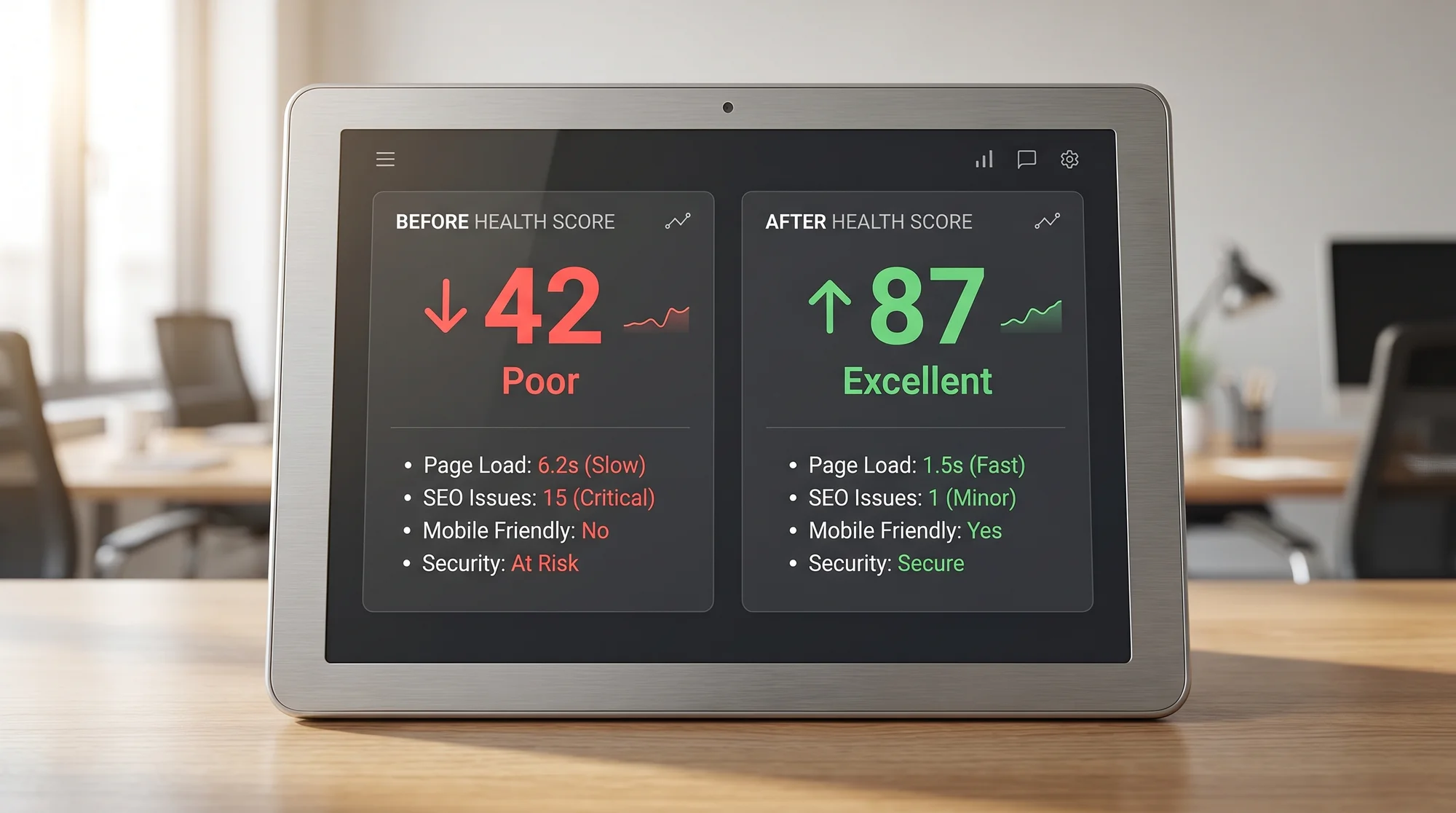 Before-and-after website audit score comparison