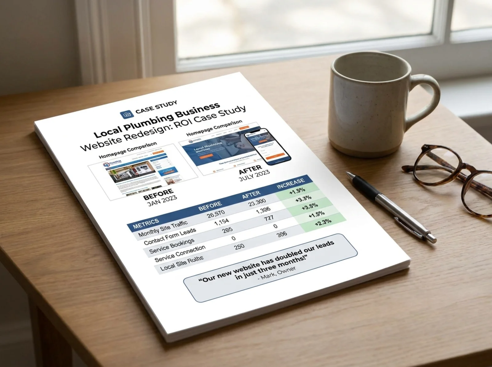 One-page website ROI case study example layout