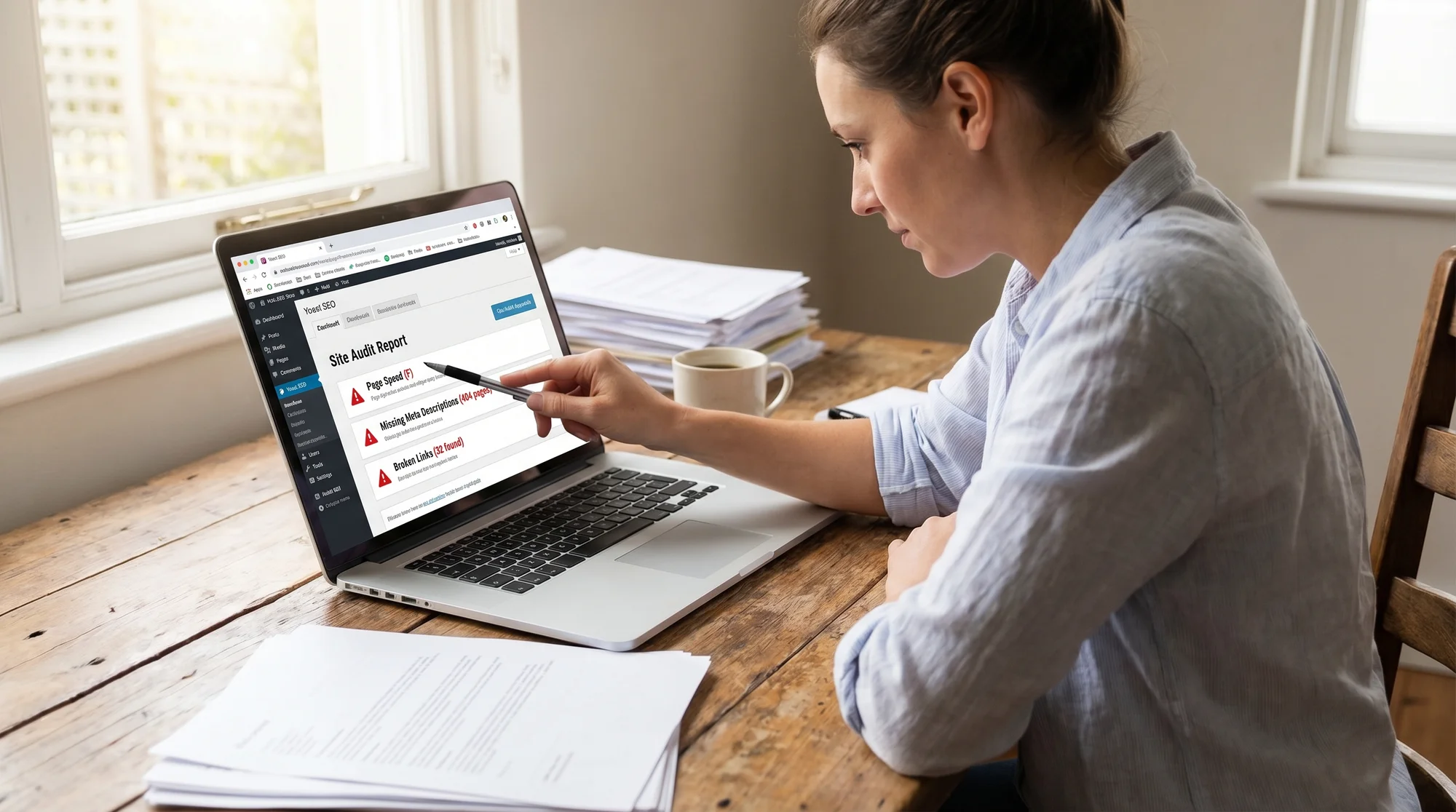 Small business owner at a wooden desk reviewing a website audit report on a laptop screen showing red warning flags for speed, missing meta descriptions, and broken links—plugin dashboard partially visible in background browser tab