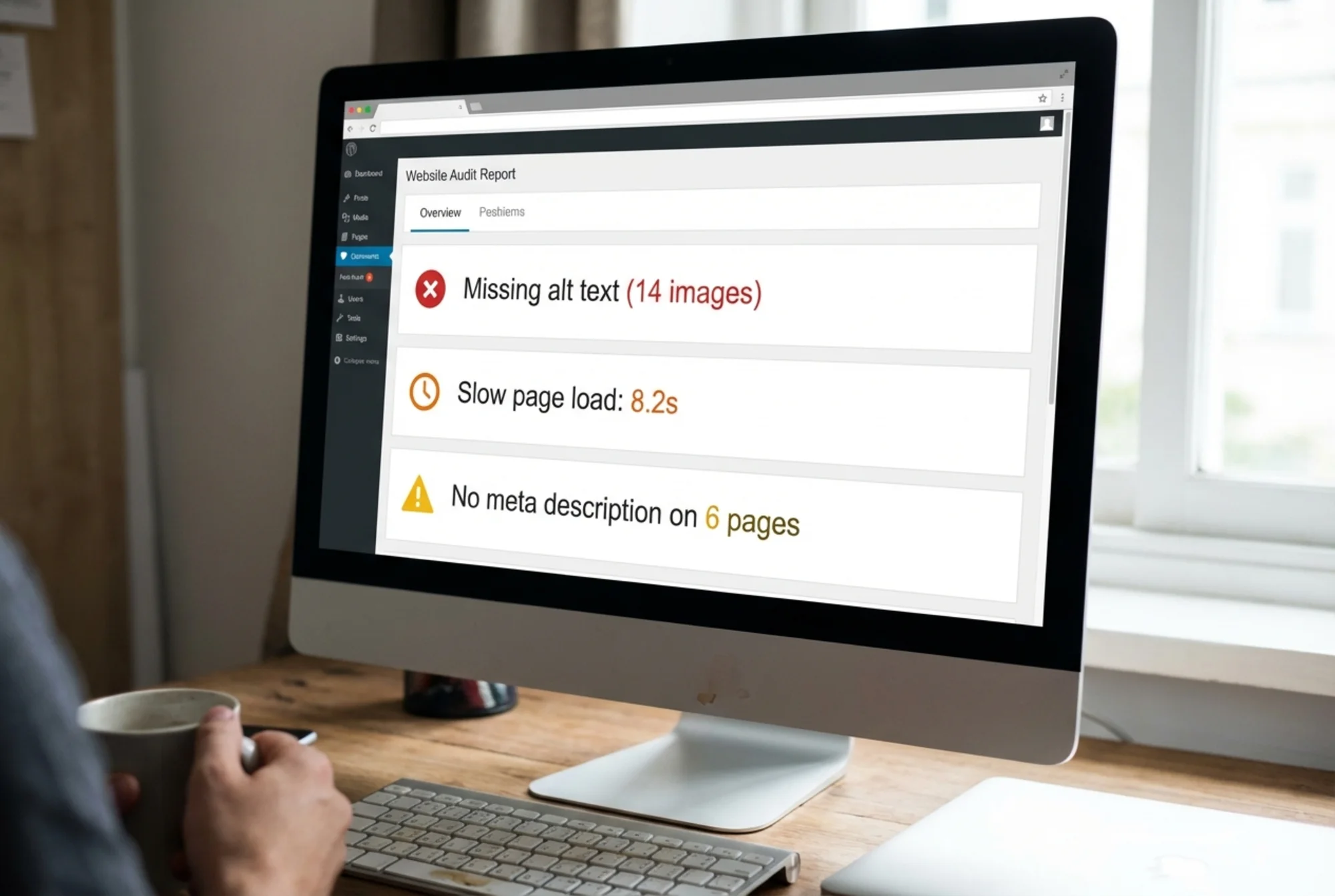 Close-up of a website audit results page with multiple issue categories highlighted in red and yellow: "Missing alt text (14 images)", "Slow page load: 8.2s", "No meta description on 6 pages"—the kind of report a non-technical owner would stare at not knowing where to start