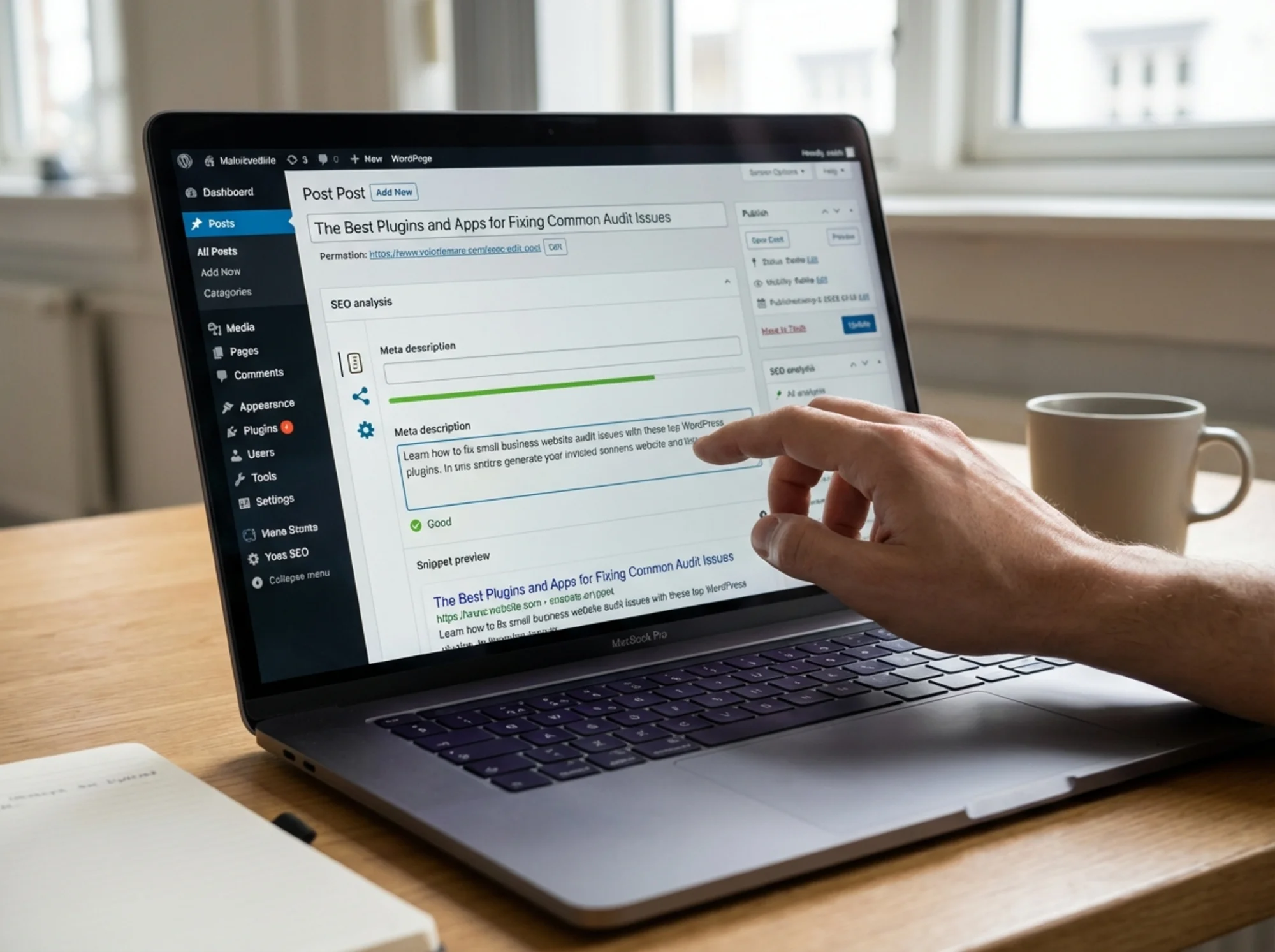 WordPress admin dashboard with the Yoast SEO plugin open, showing the meta description input field being filled in, a green "Good" indicator appearing, and a snippet preview updating in real time below the editor