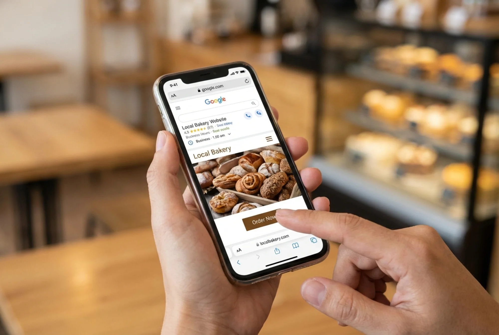 A local bakery website loading quickly on a smartphone browser, Google search result showing star rating and business hours pulled from structured data, customer about to tap the "Order Now" button