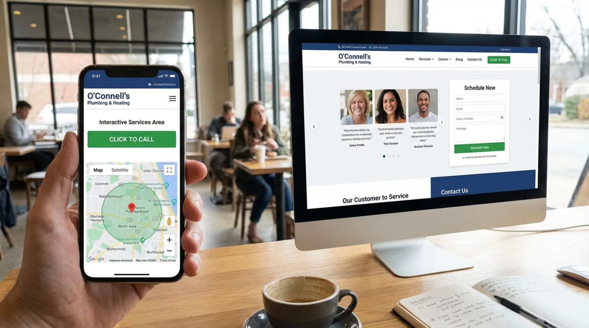 A split-screen view of a local plumber's landing page: left side shows the mobile version with click-to-call button and service area map, right side shows the desktop version with testimonials and a booking form, both clean and professional